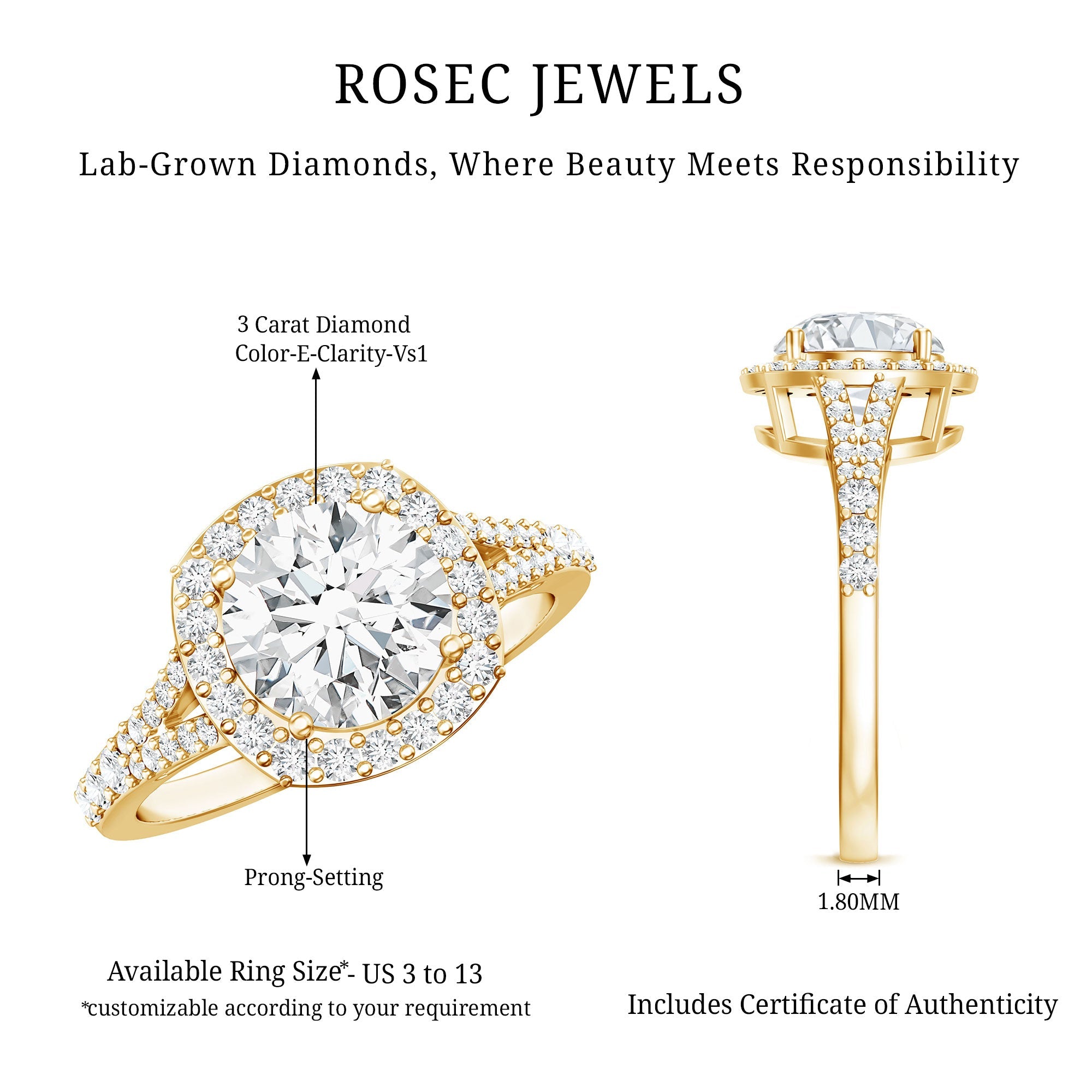 Lab Grown Diamond Ring - 3 Carat Round Cut Engagement Ring with Split Shank Band