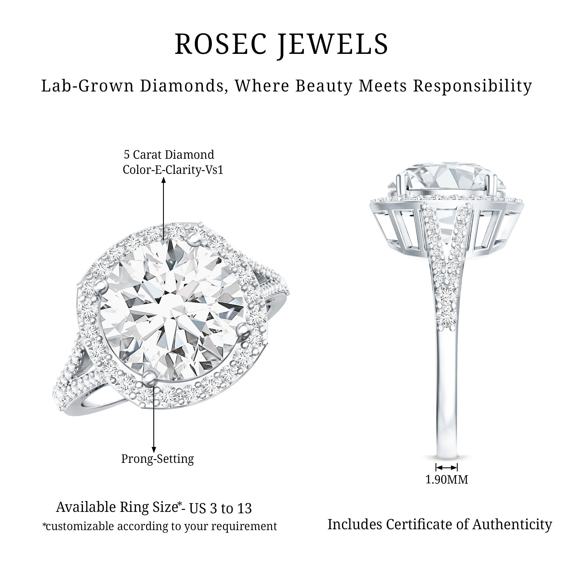 Lab Grown Diamond Ring – 5 Carat Round Cut Engagement Ring with Halo Setting