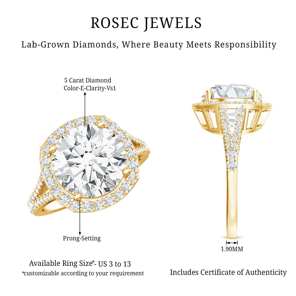 Lab Grown Diamond Ring – 5 Carat Round Cut Engagement Ring with Halo Setting
