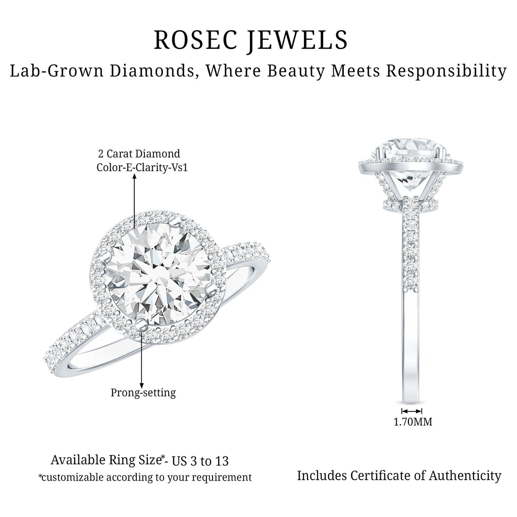 Lab Grown Diamond Ring – 2 Carat Halo Engagement Ring with IGI Certified Round Diamond
