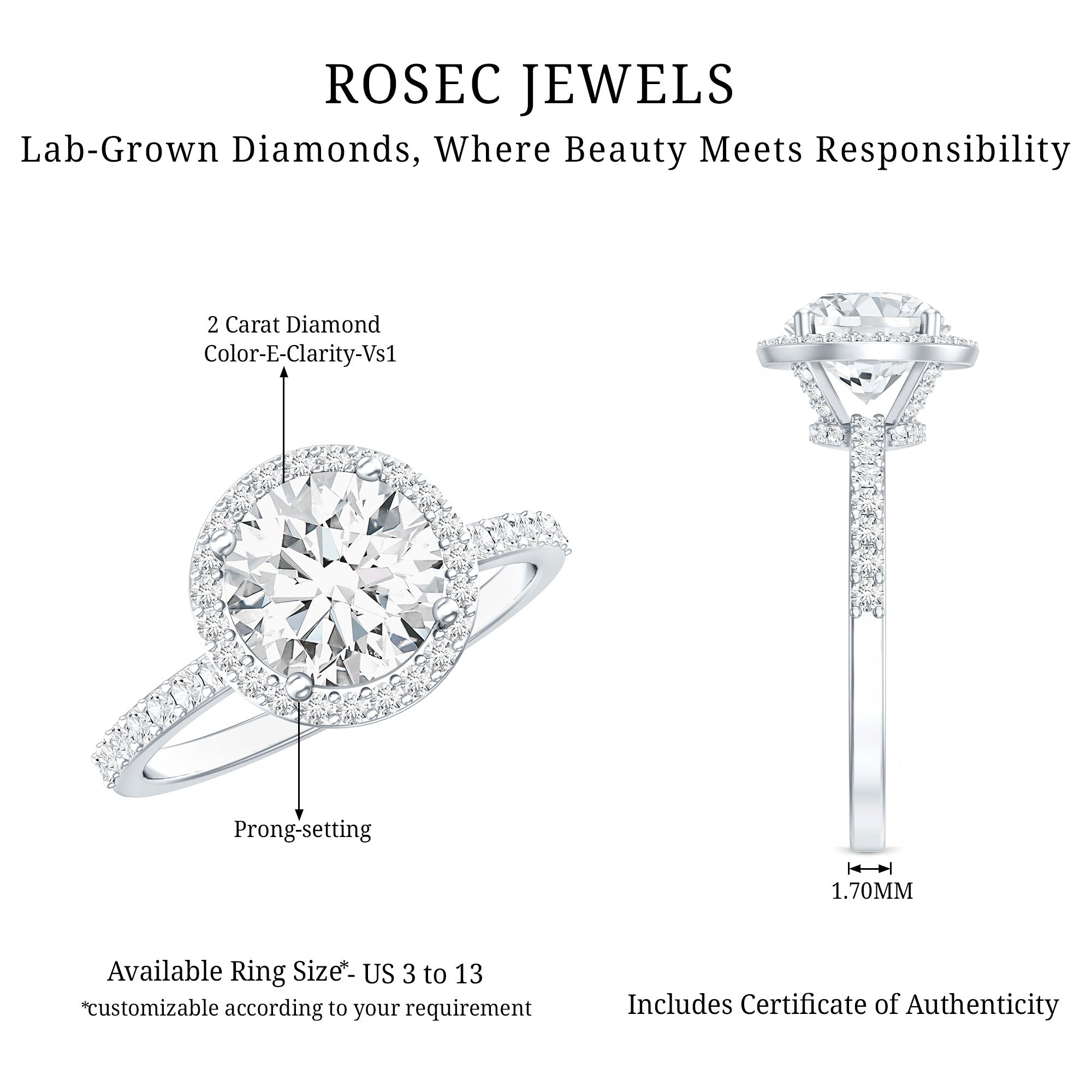 Lab Grown Diamond Ring – 2 Carat Halo Engagement Ring with IGI Certified Round Diamond