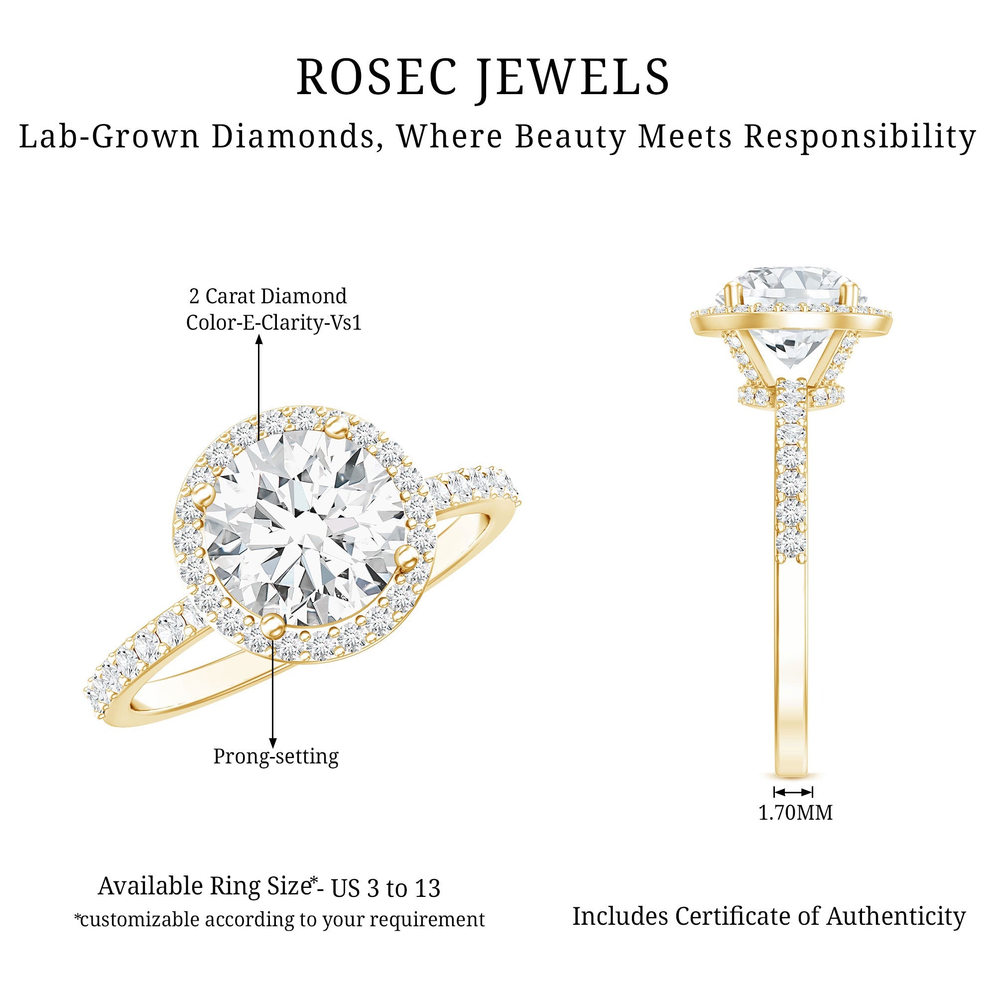 Lab Grown Diamond Ring – 2 Carat Halo Engagement Ring with IGI Certified Round Diamond