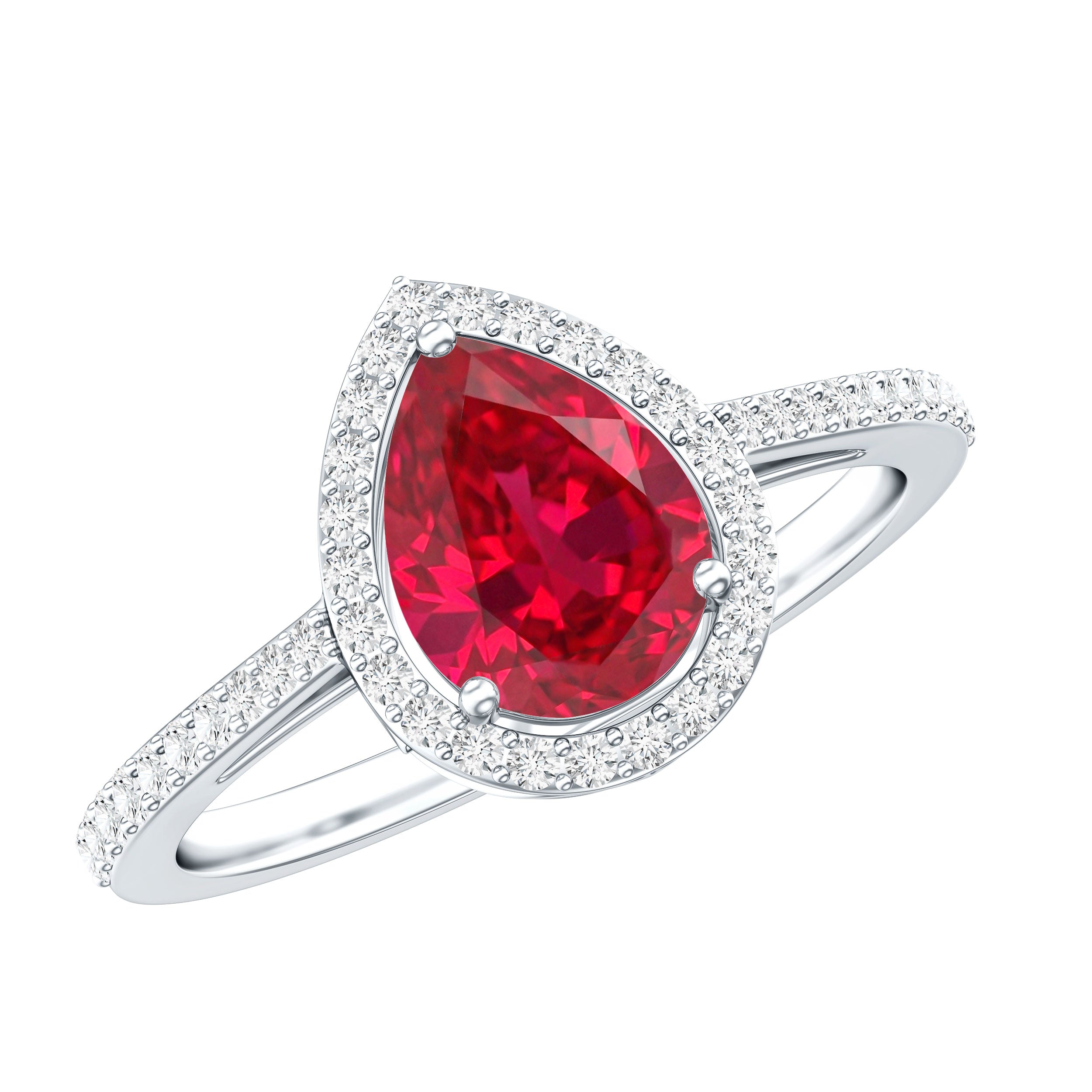 Lab Grown Ruby Ring – Pear Shape Ruby Diamond Halo Teardrop Engagement Band