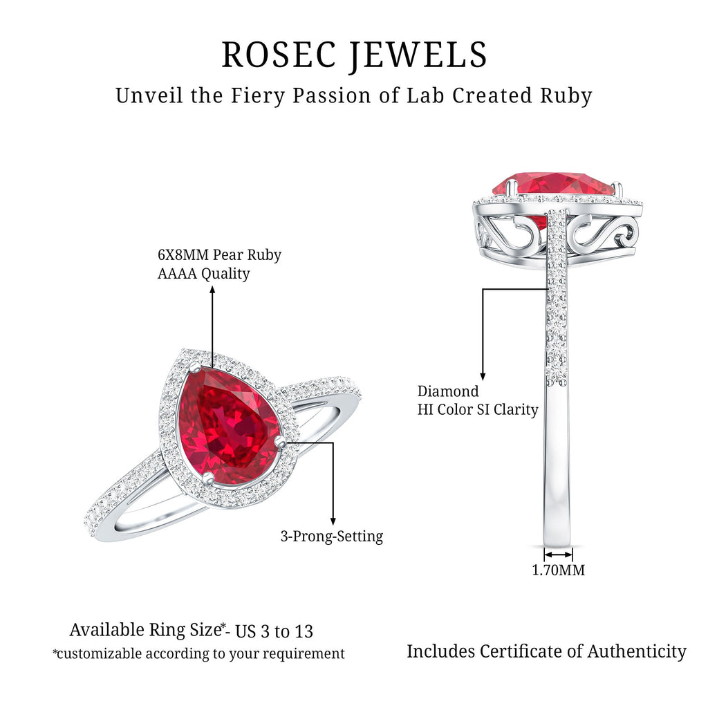 Lab Grown Ruby Ring – Pear Shape Ruby Diamond Halo Teardrop Engagement Band