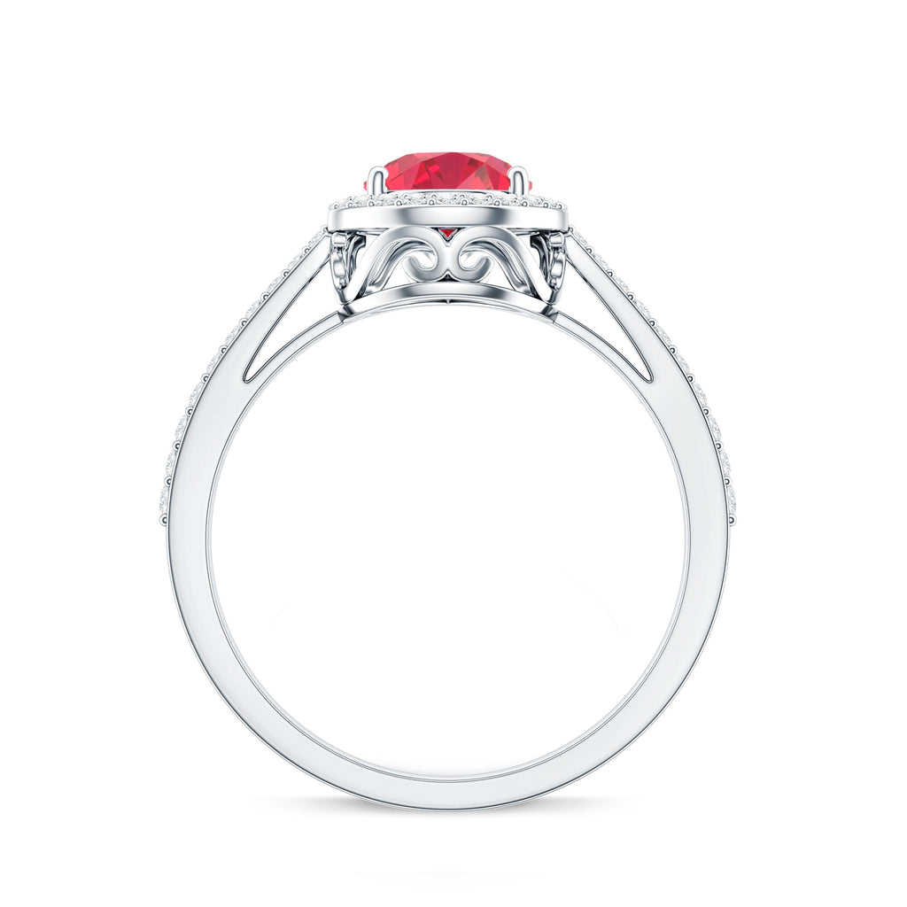 Lab Grown Ruby Ring – Pear Shape Ruby Diamond Halo Teardrop Engagement Band