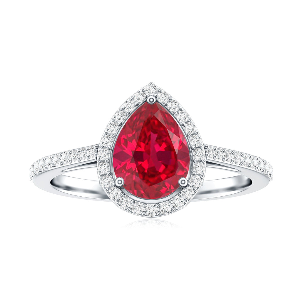 Lab Grown Ruby Ring – Pear Shape Ruby Diamond Halo Teardrop Engagement Band