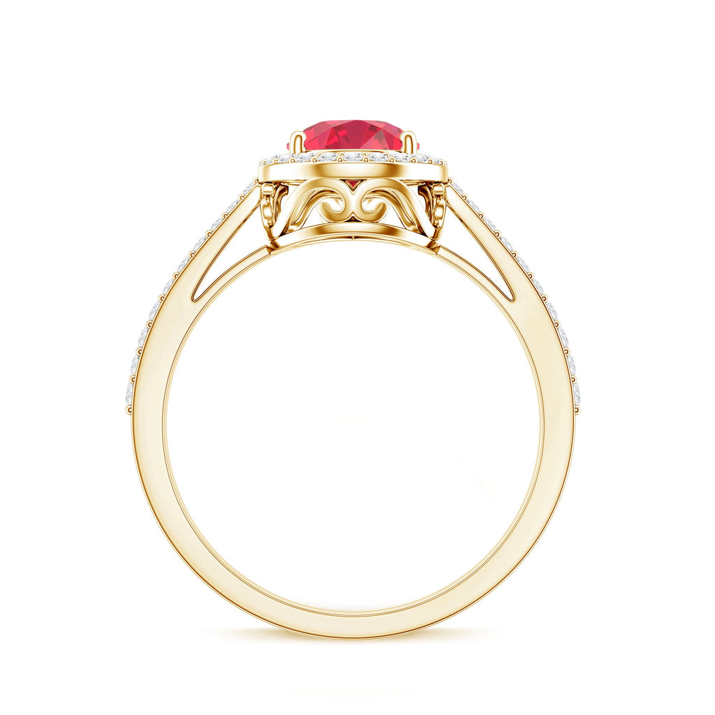 Lab Grown Ruby Ring – Pear Shape Ruby Diamond Halo Teardrop Engagement Band