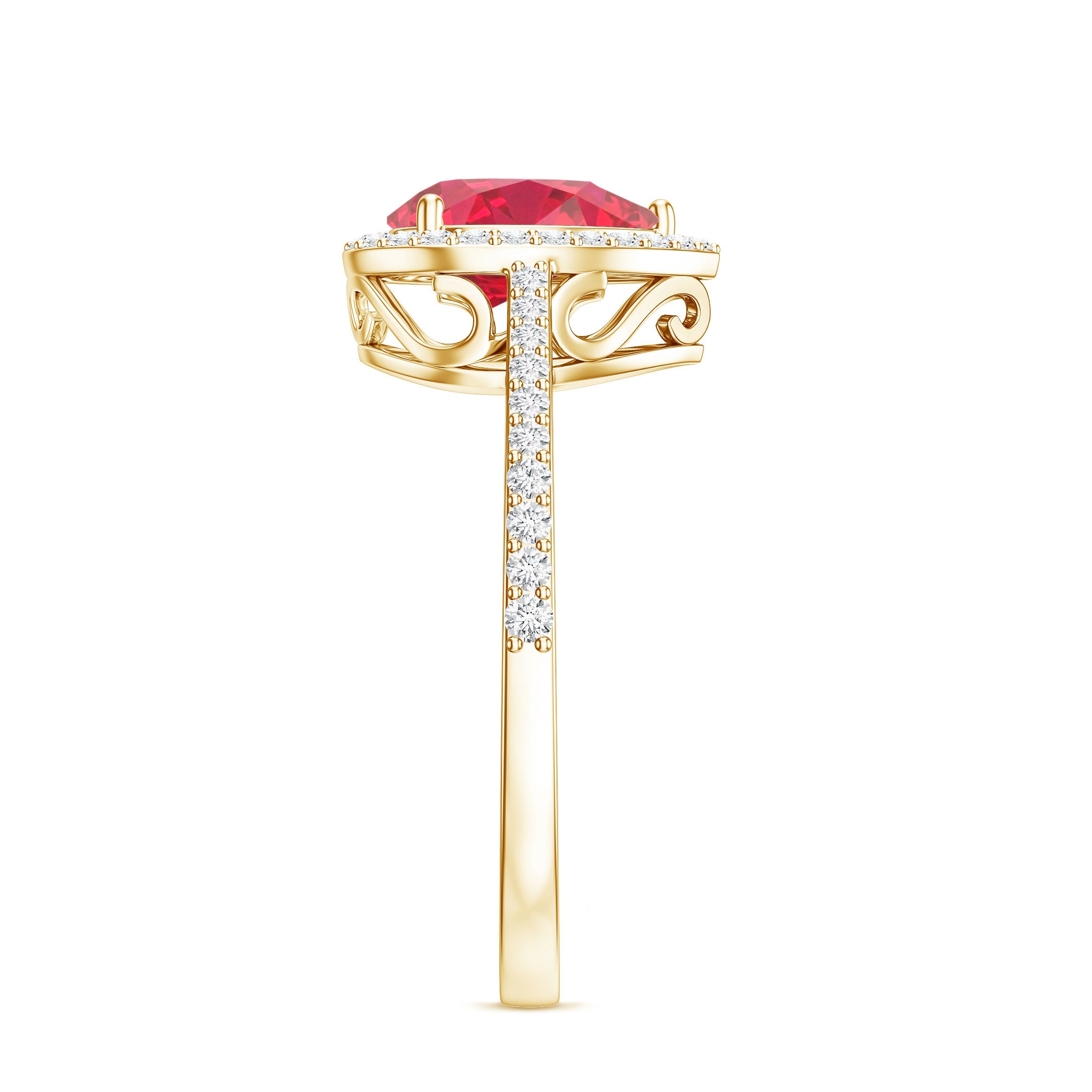 Lab Grown Ruby Ring – Pear Shape Ruby Diamond Halo Teardrop Engagement Band