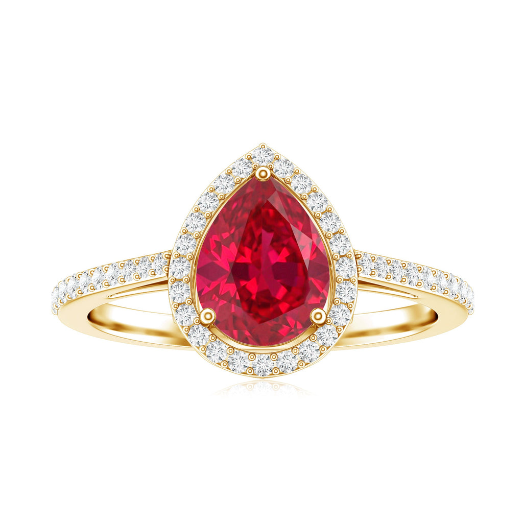 Lab Grown Ruby Ring – Pear Shape Ruby Diamond Halo Teardrop Engagement Band