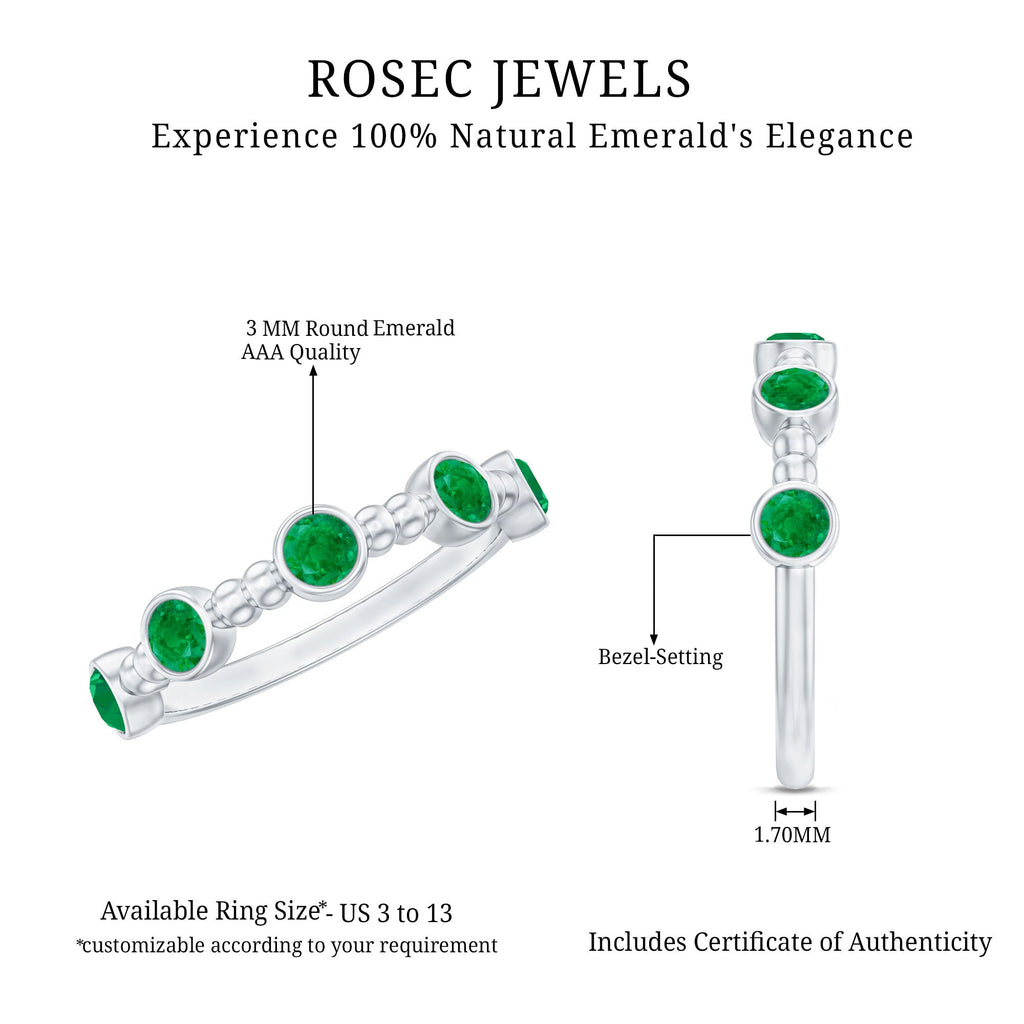 Bezel Set Emerald Ring – Half Eternity Band with Vintage Beaded Design