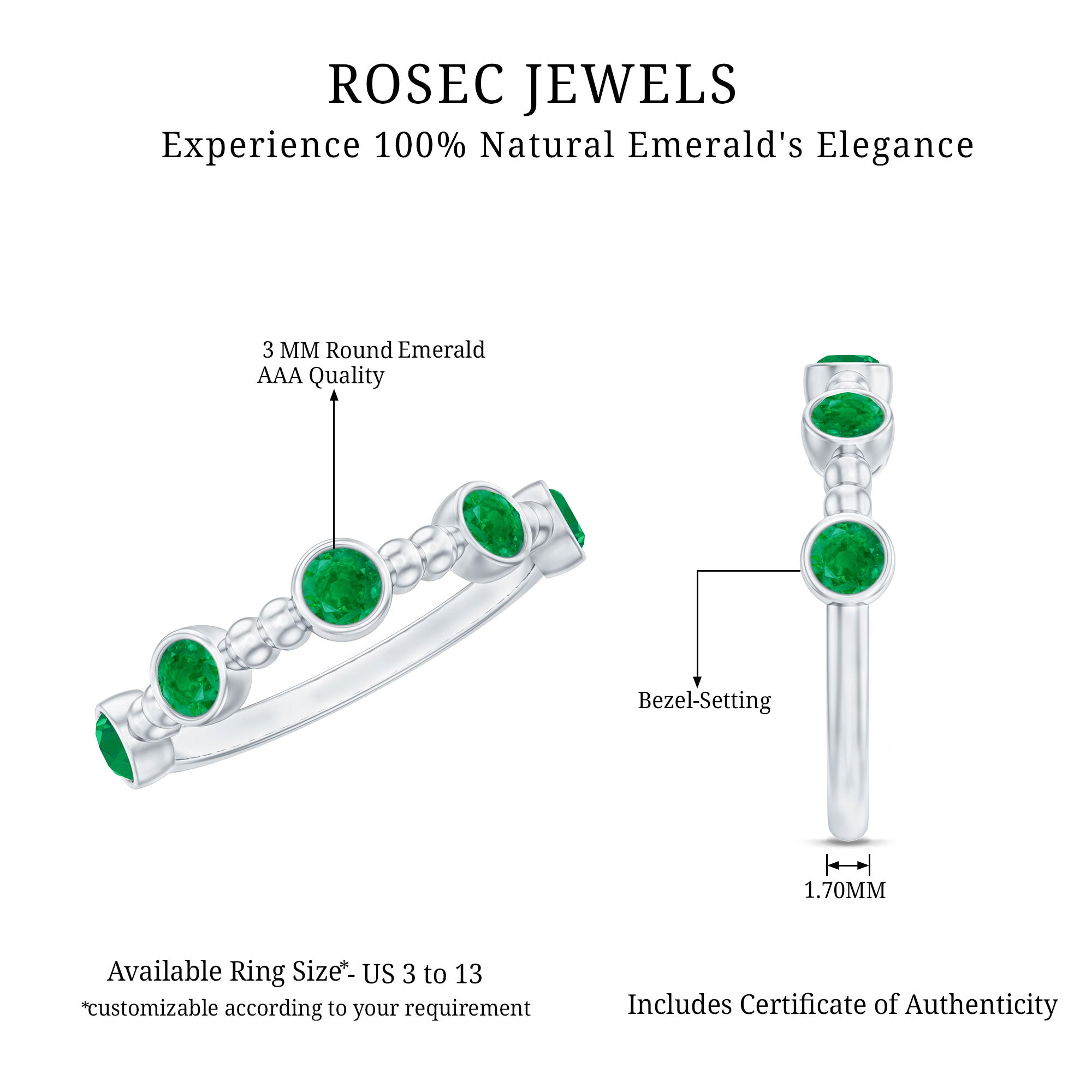 Bezel Set Emerald Ring – Half Eternity Band with Vintage Beaded Design