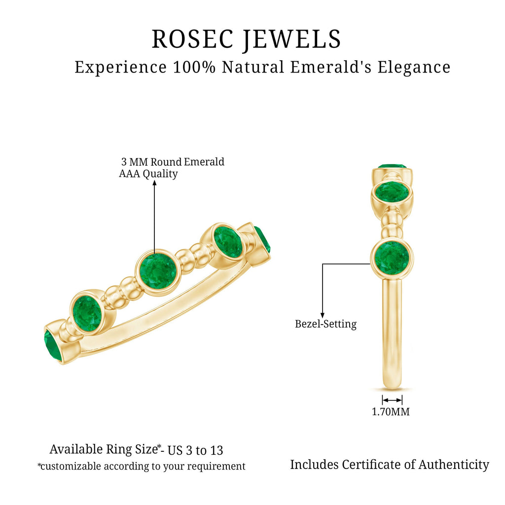 Bezel Set Emerald Ring – Half Eternity Band with Vintage Beaded Design