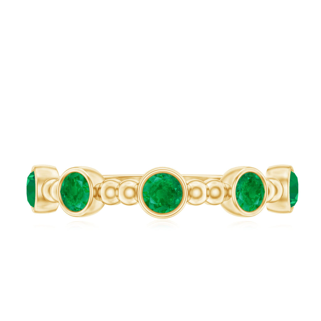 Bezel Set Emerald Ring – Half Eternity Band with Vintage Beaded Design