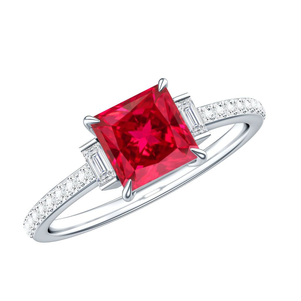 Lab Created Ruby Ring – 1.5 Carat Princess Cut Ruby Engagement Ring With Diamond Accents