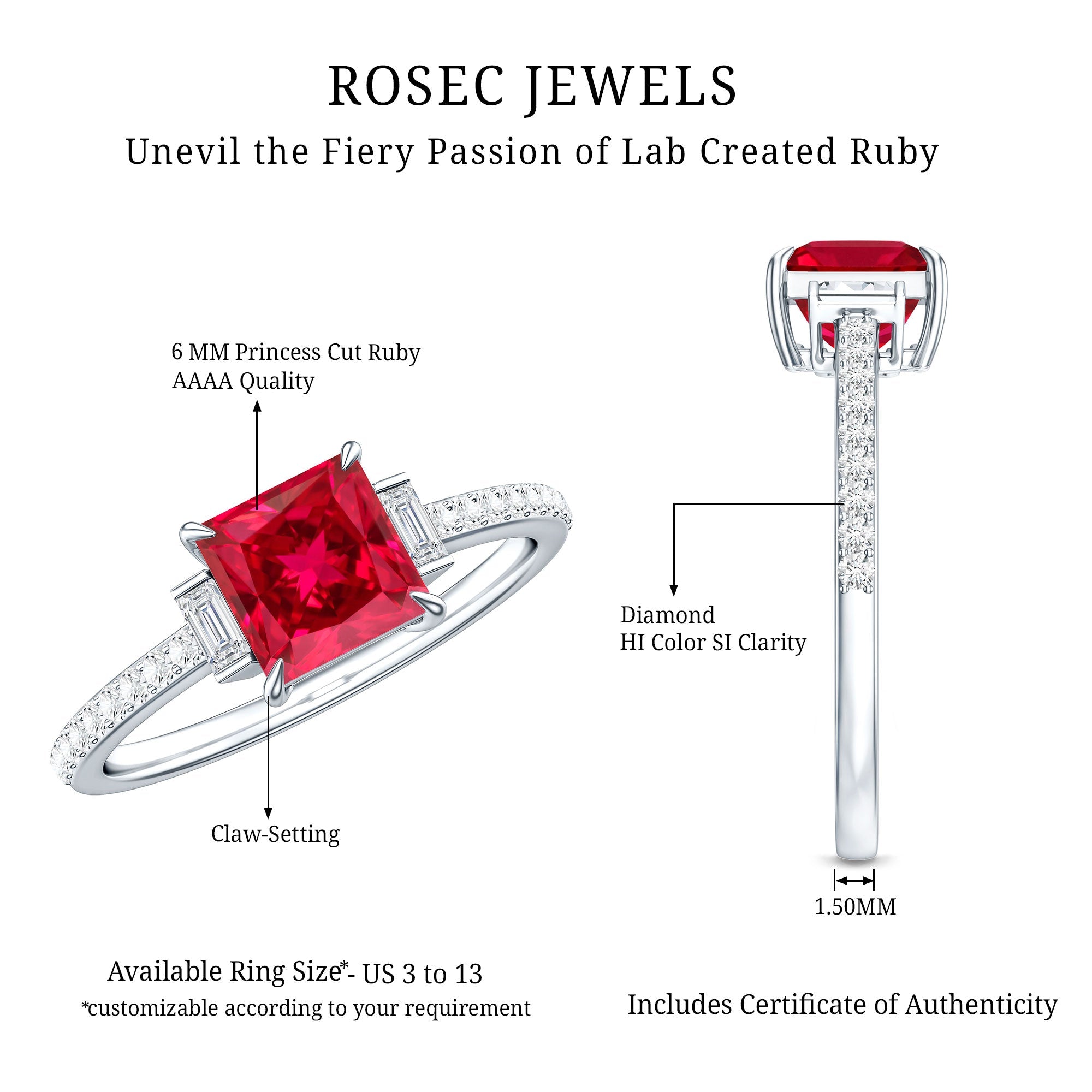 Lab Created Ruby Ring – 1.5 Carat Princess Cut Ruby Engagement Ring With Diamond Accents