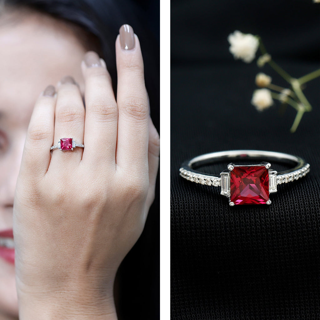 Lab Created Ruby Ring – 1.5 Carat Princess Cut Ruby Engagement Ring With Diamond Accents