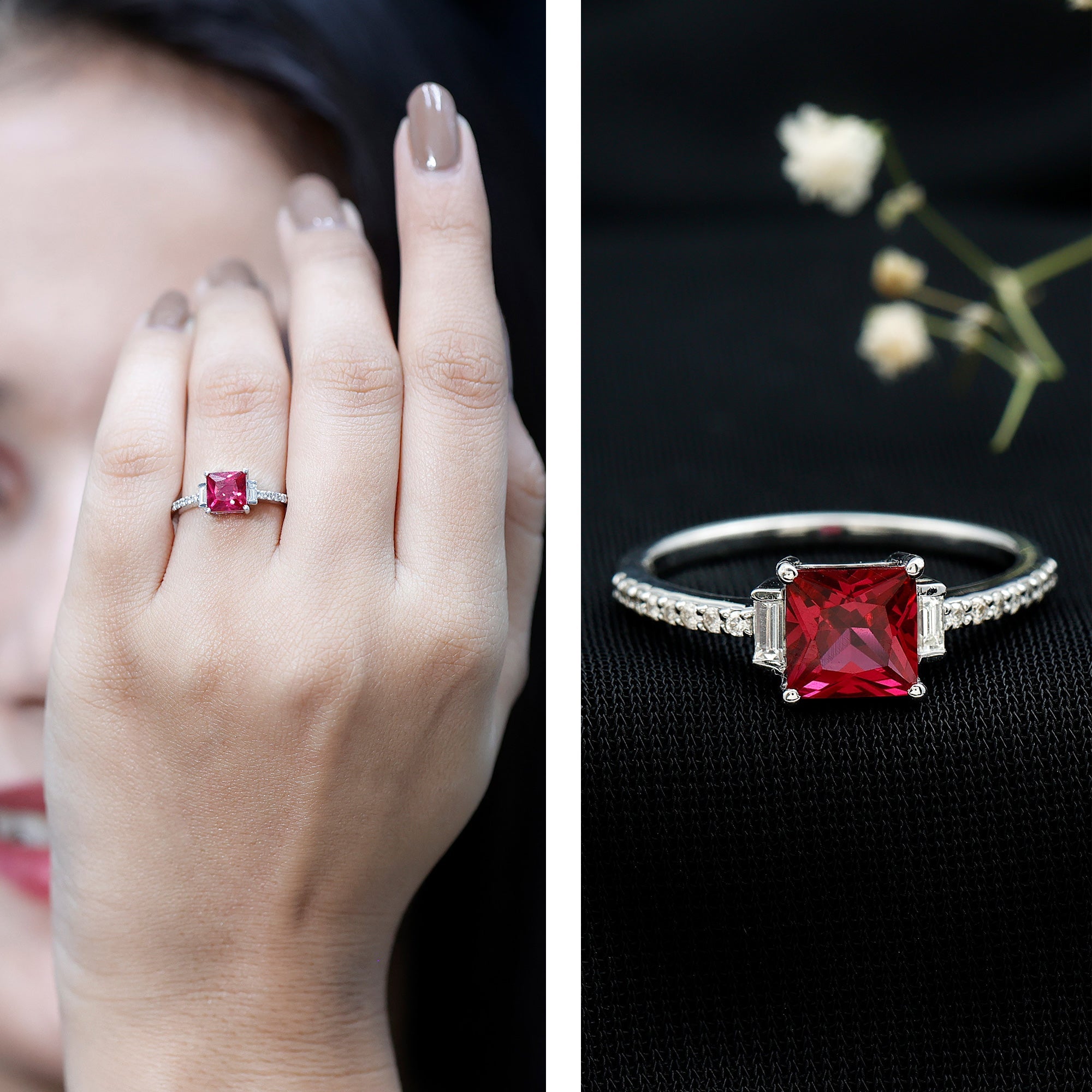 Lab Created Ruby Ring – 1.5 Carat Princess Cut Ruby Engagement Ring With Diamond Accents