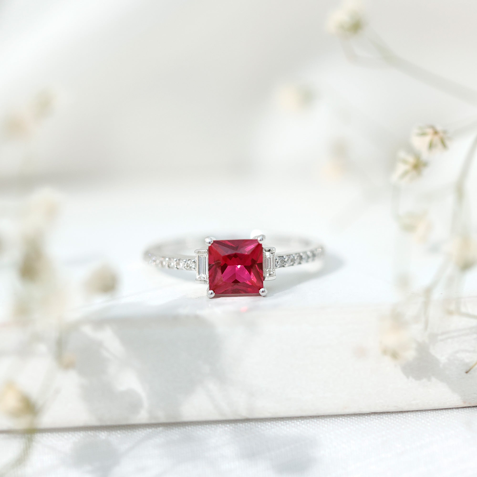 Lab Created Ruby Ring – 1.5 Carat Princess Cut Ruby Engagement Ring With Diamond Accents