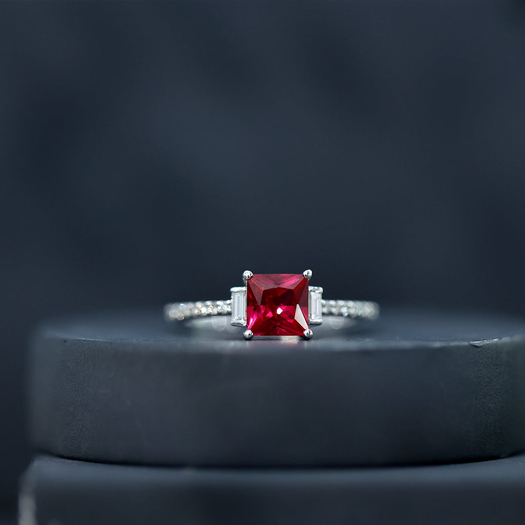 Lab Created Ruby Ring – 1.5 Carat Princess Cut Ruby Engagement Ring With Diamond Accents