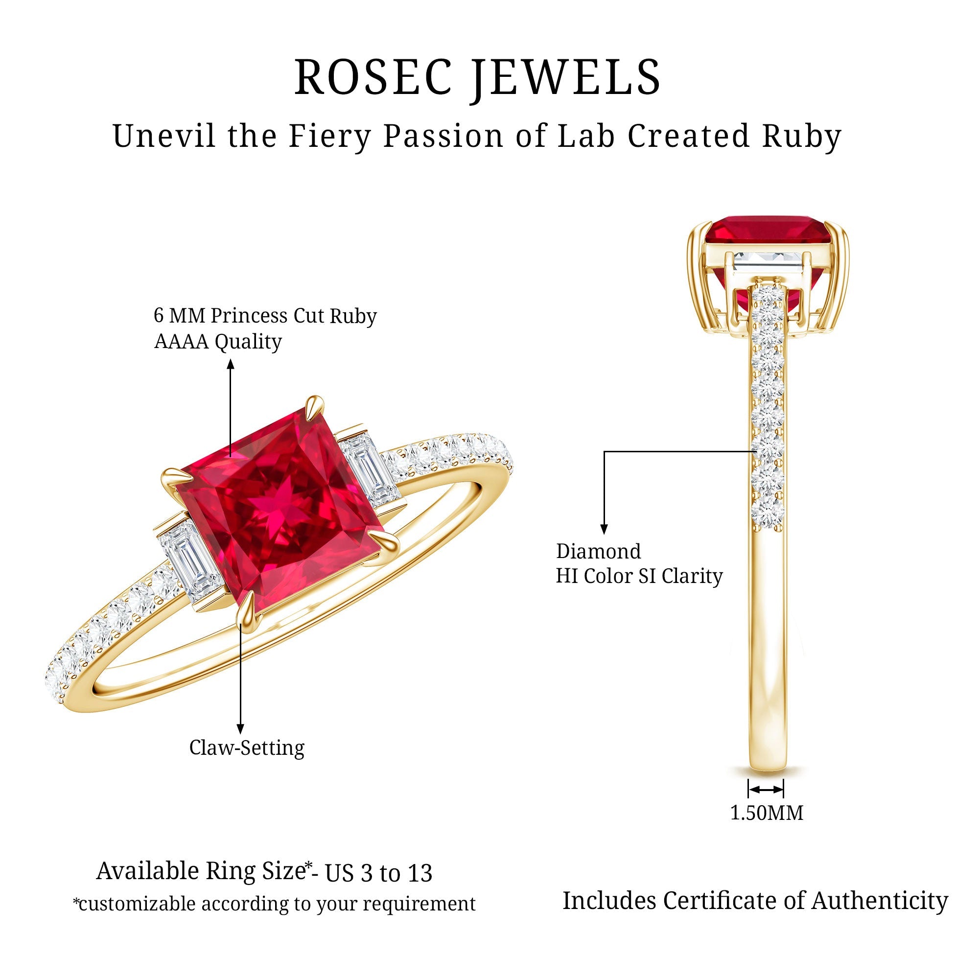 Lab Created Ruby Ring – 1.5 Carat Princess Cut Ruby Engagement Ring With Diamond Accents