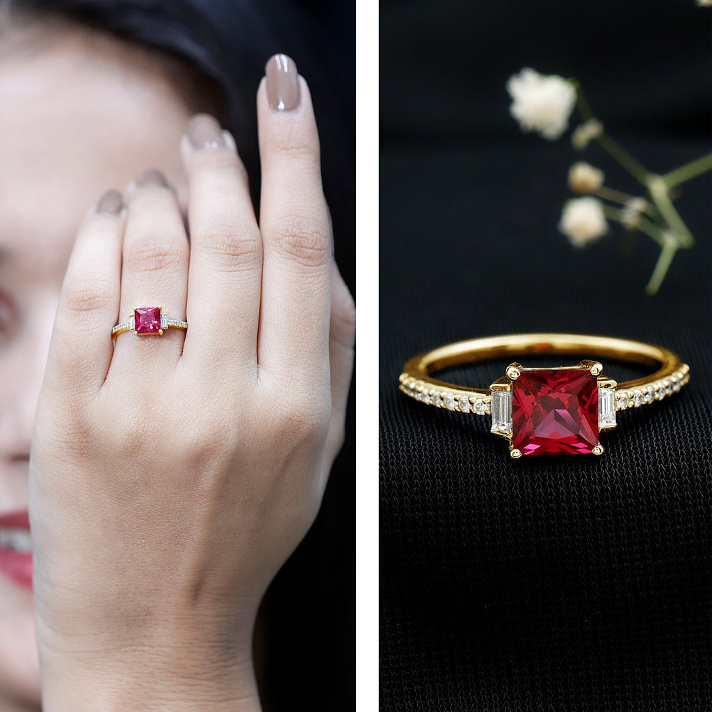 Lab Created Ruby Ring – 1.5 Carat Princess Cut Ruby Engagement Ring With Diamond Accents