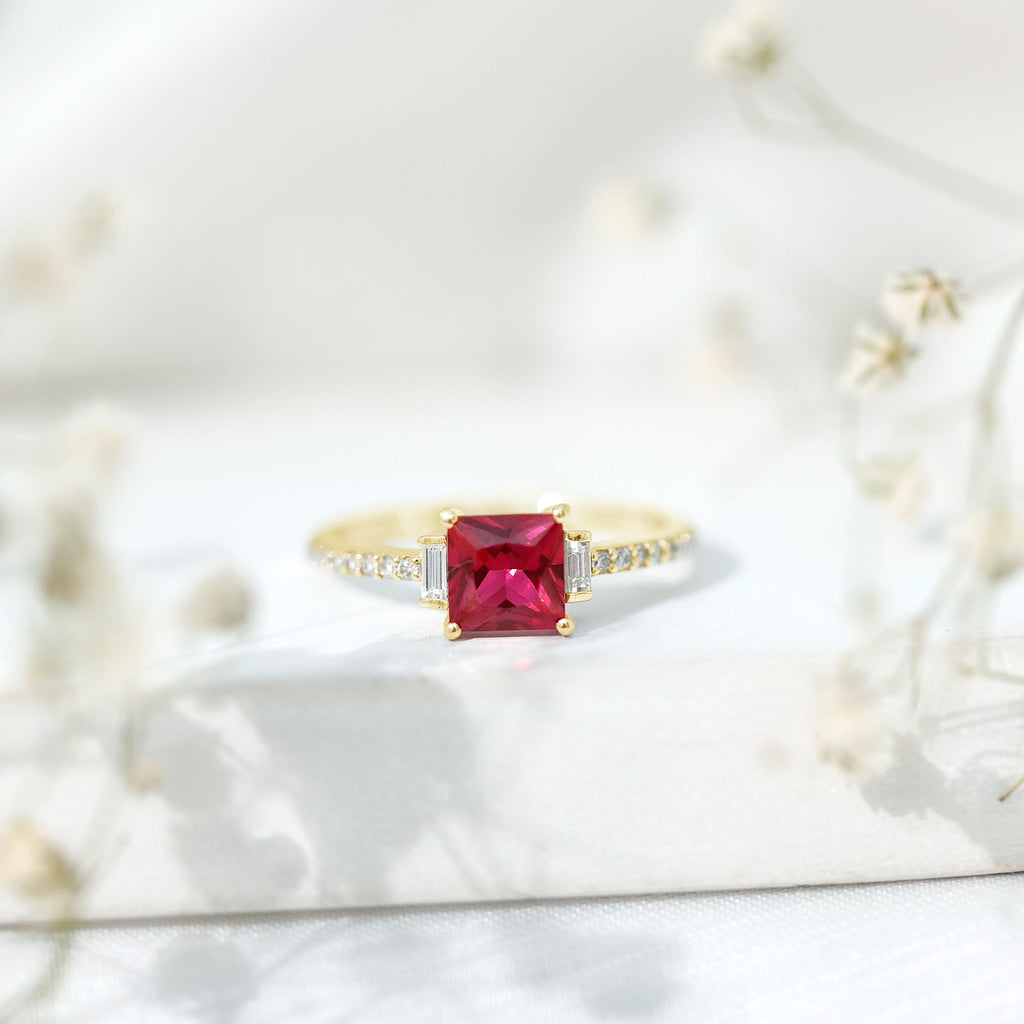Lab Created Ruby Ring – 1.5 Carat Princess Cut Ruby Engagement Ring With Diamond Accents