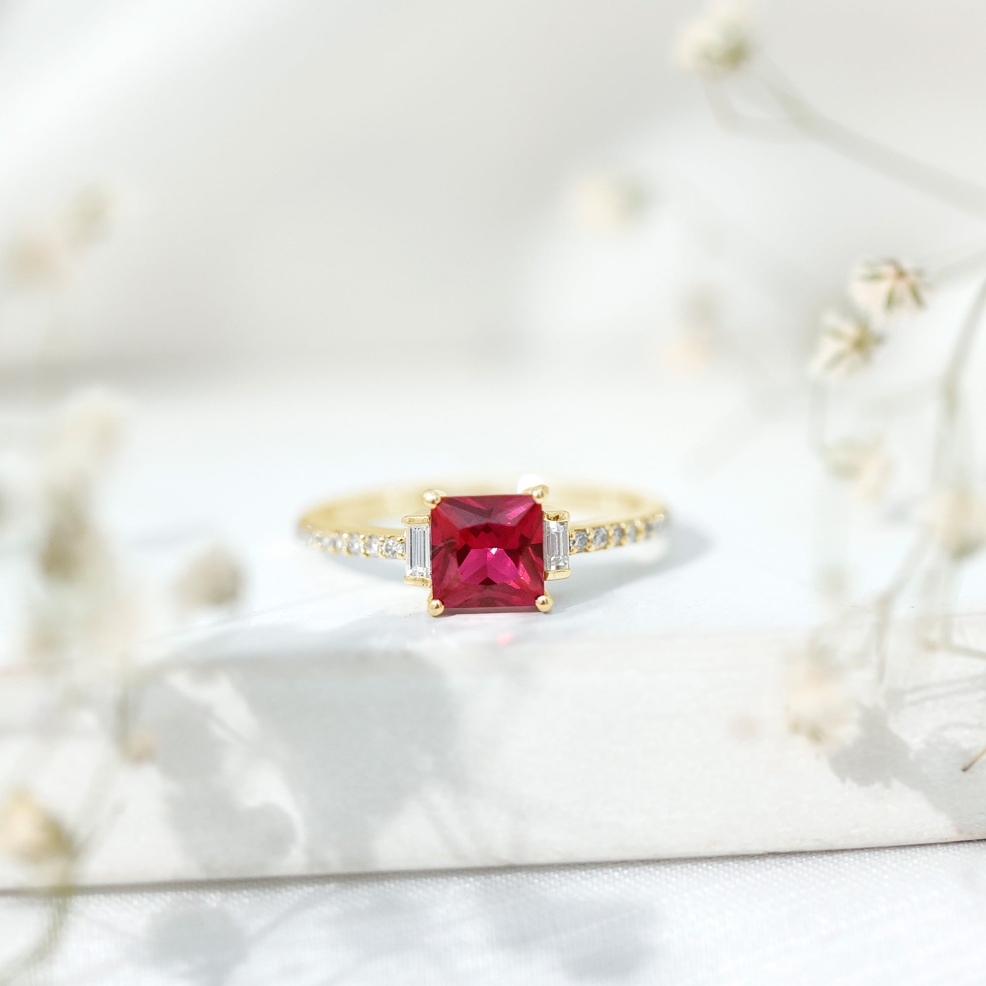 Lab Created Ruby Ring – 1.5 Carat Princess Cut Ruby Engagement Ring With Diamond Accents