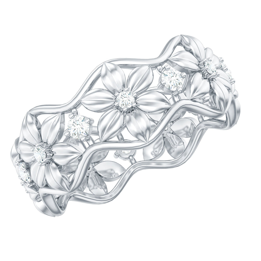 Diamond Wedding Band | Floral Pattern Ring With Natural Diamonds & Prong Setting