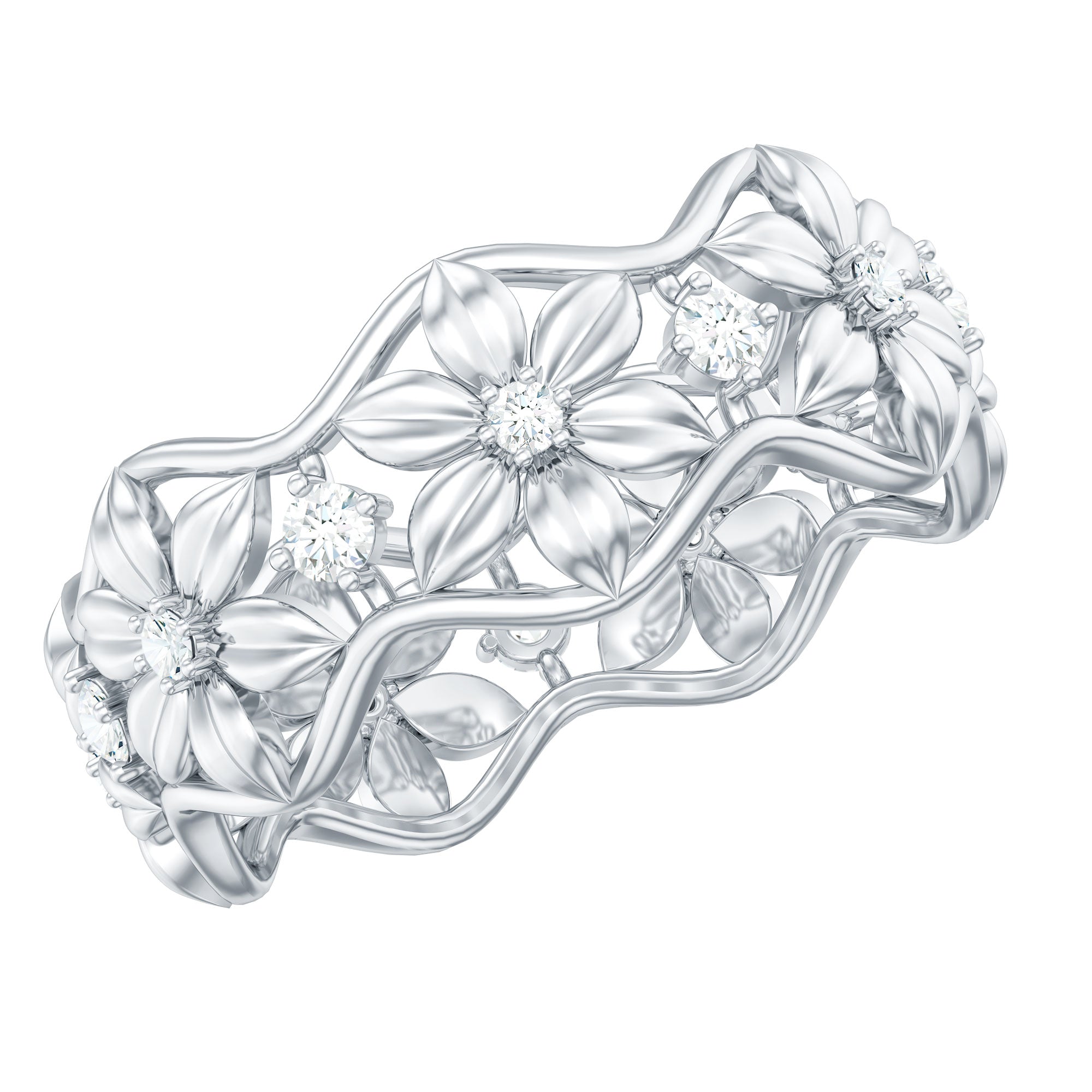 Diamond Wedding Band | Floral Pattern Ring With Natural Diamonds & Prong Setting