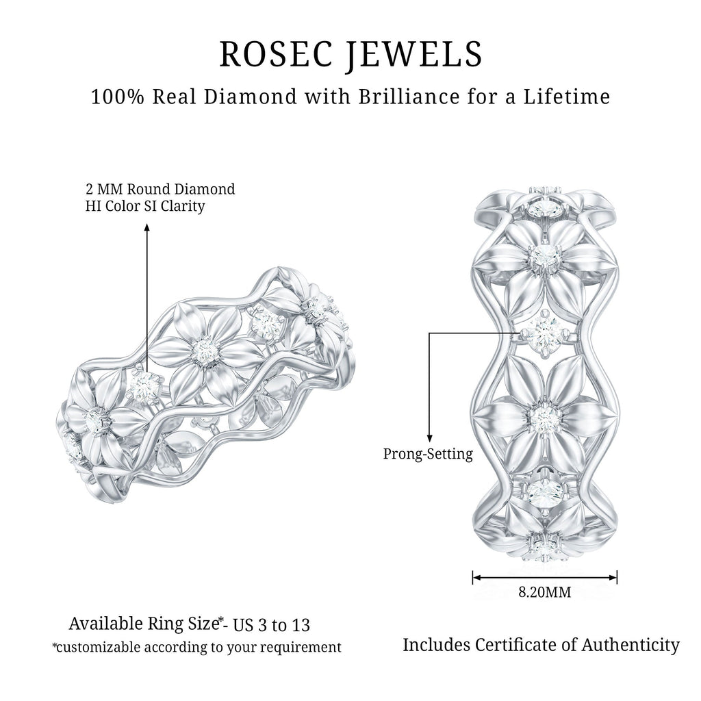 Diamond Wedding Band | Floral Pattern Ring With Natural Diamonds & Prong Setting