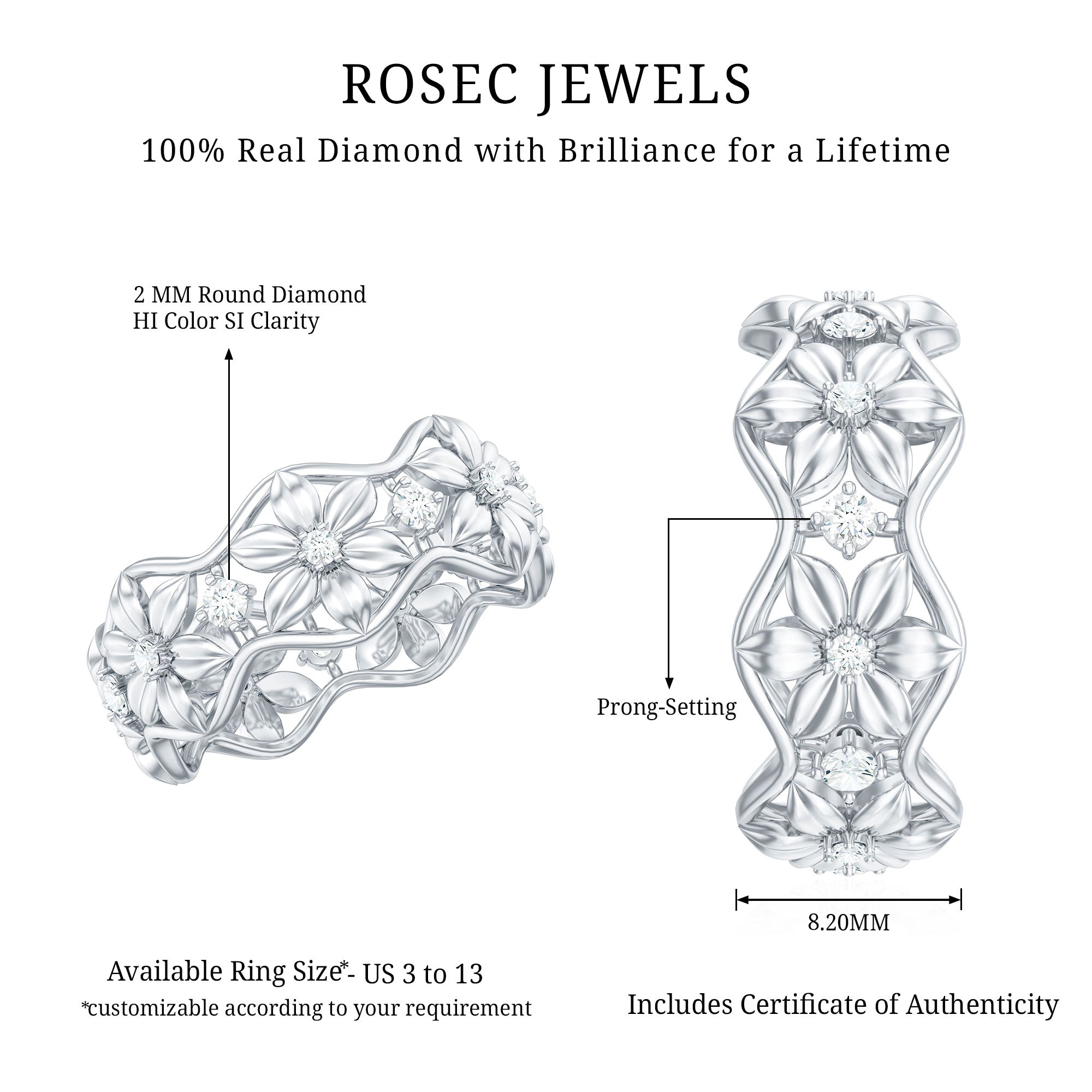Diamond Wedding Band | Floral Pattern Ring With Natural Diamonds & Prong Setting