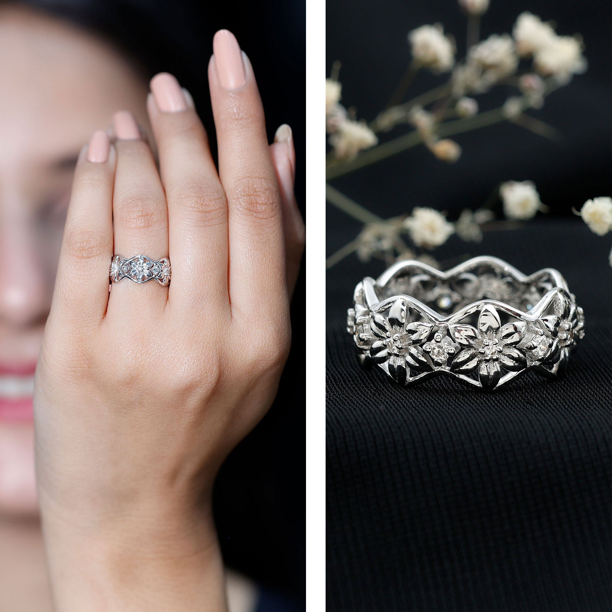 Diamond Wedding Band | Floral Pattern Ring With Natural Diamonds & Prong Setting