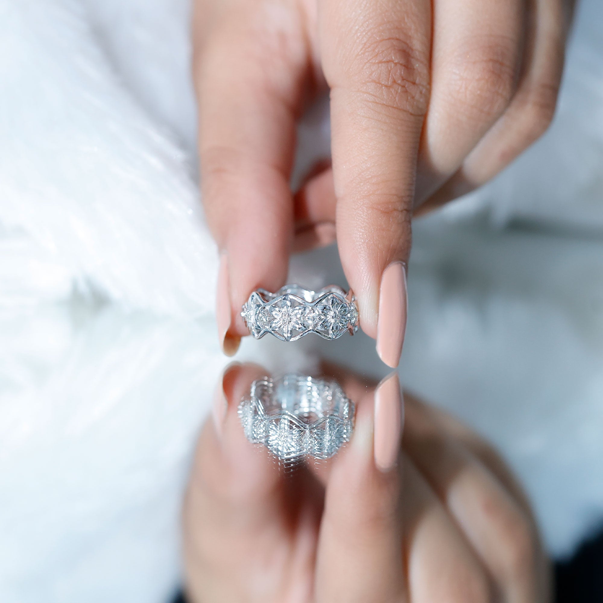 Diamond Wedding Band | Floral Pattern Ring With Natural Diamonds & Prong Setting