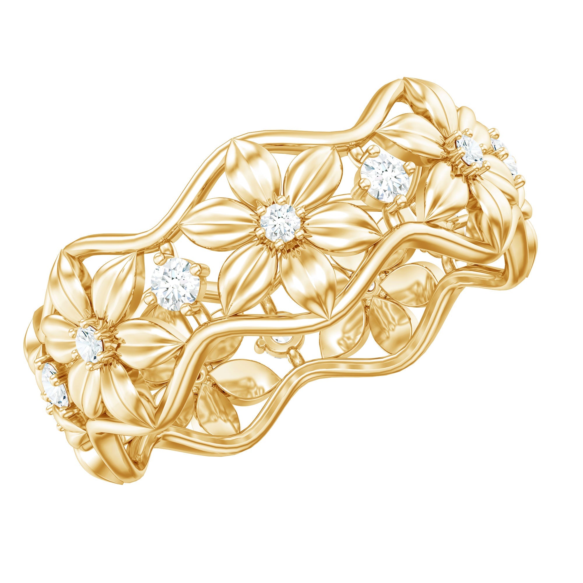 Diamond Wedding Band | Floral Pattern Ring With Natural Diamonds & Prong Setting