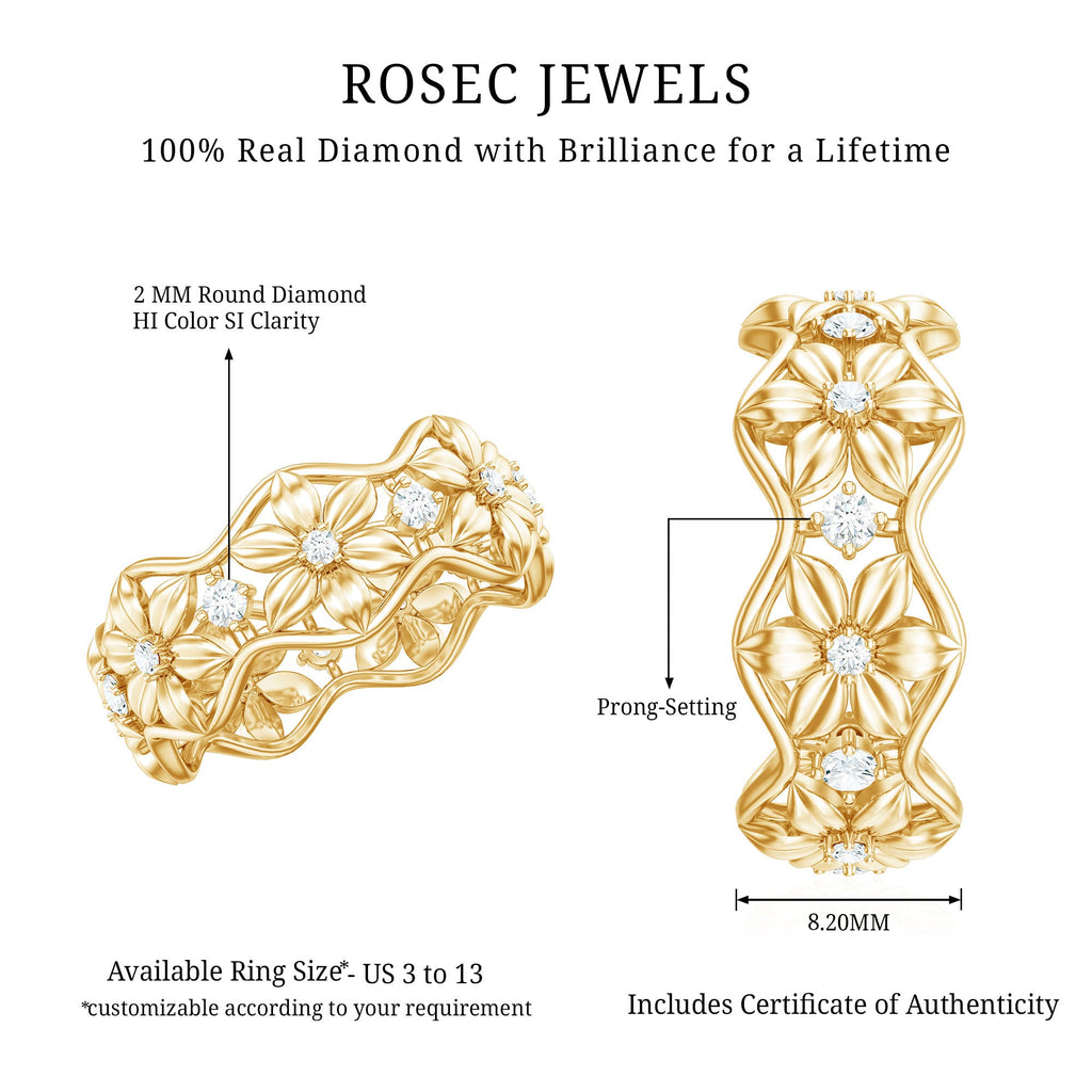 Diamond Wedding Band | Floral Pattern Ring With Natural Diamonds & Prong Setting