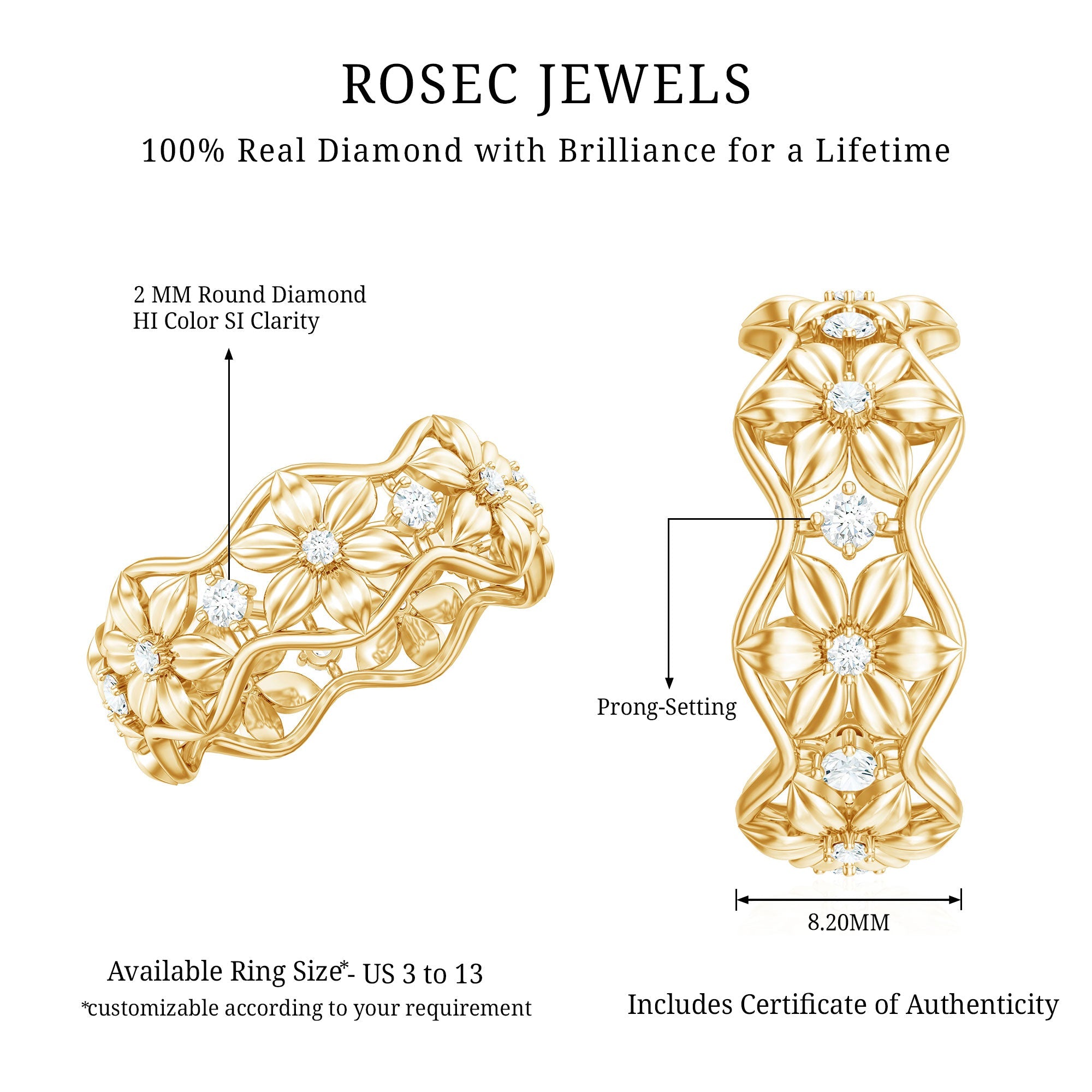 Diamond Wedding Band | Floral Pattern Ring With Natural Diamonds & Prong Setting
