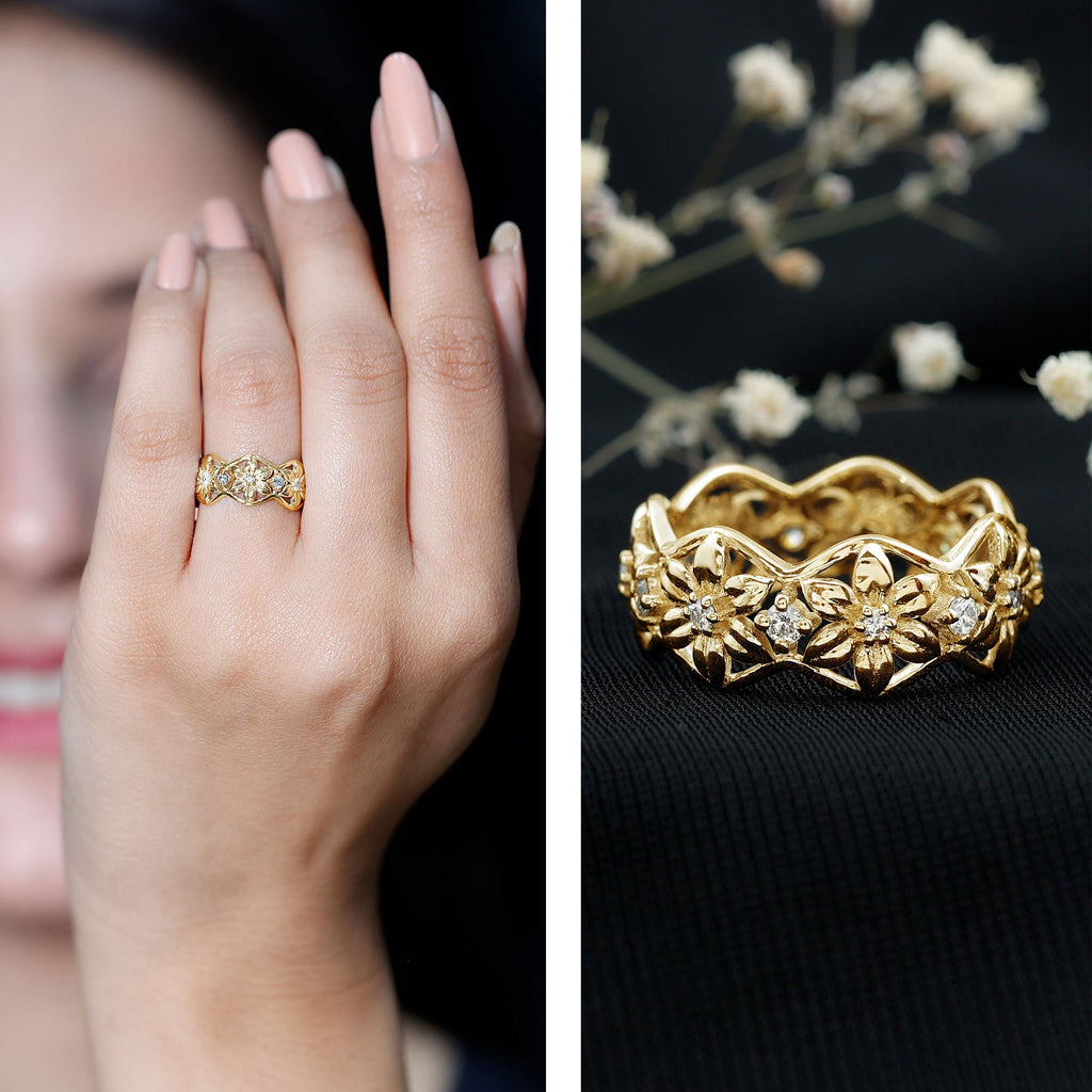 Diamond Wedding Band | Floral Pattern Ring With Natural Diamonds & Prong Setting