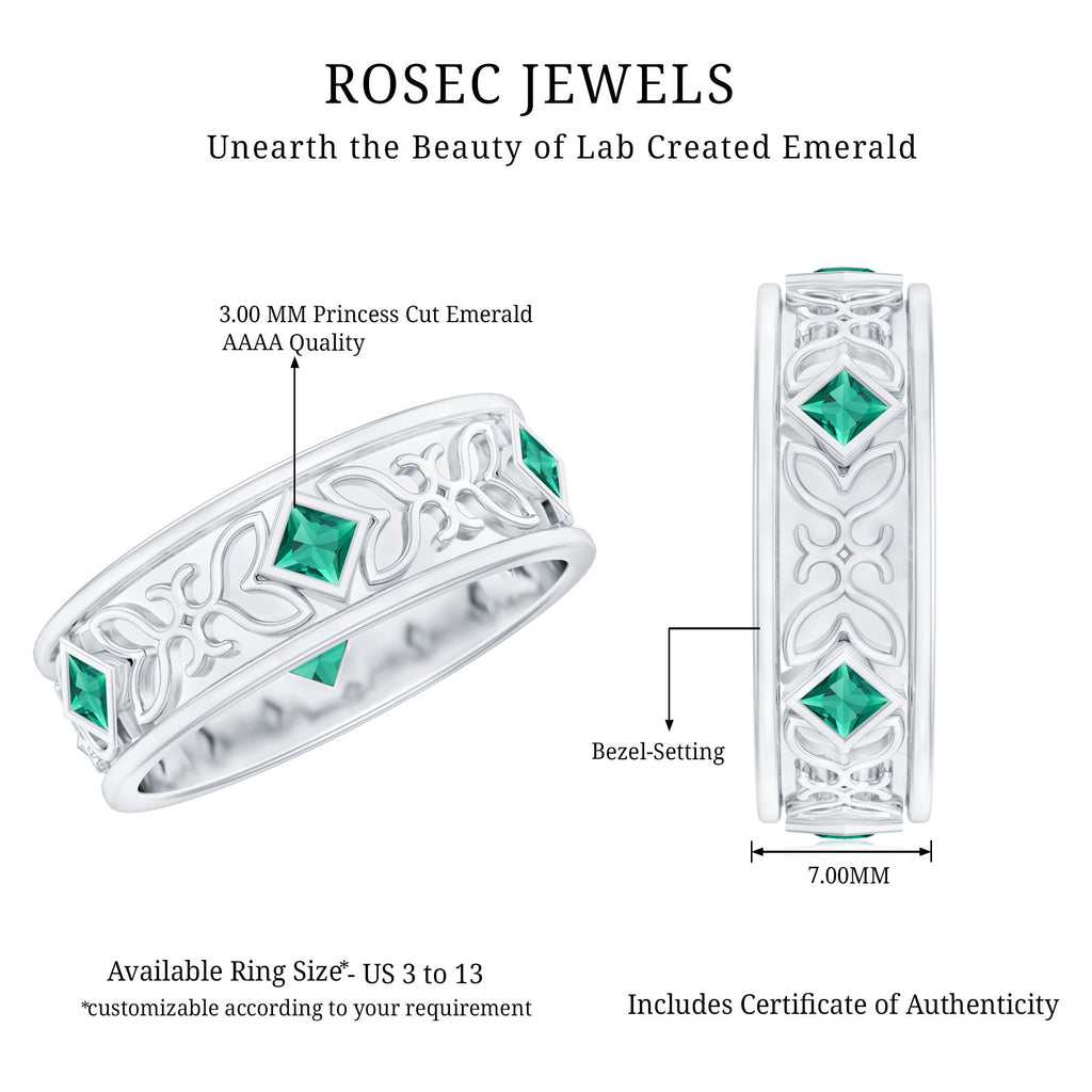 Princess Cut Emerald Ring – Vintage Inspired Wedding Anniversary Band with Bezel Setting