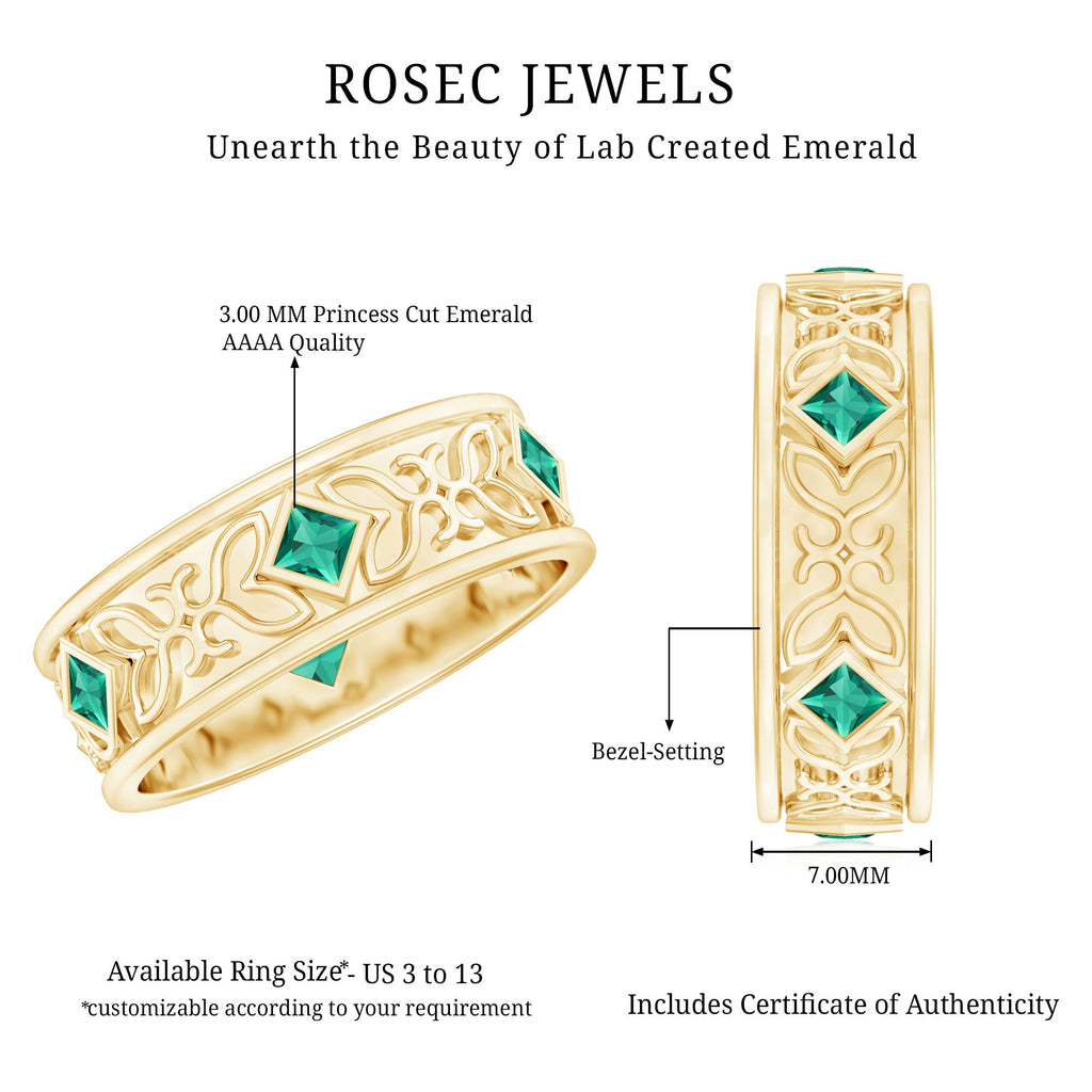 Princess Cut Emerald Ring – Vintage Inspired Wedding Anniversary Band with Bezel Setting