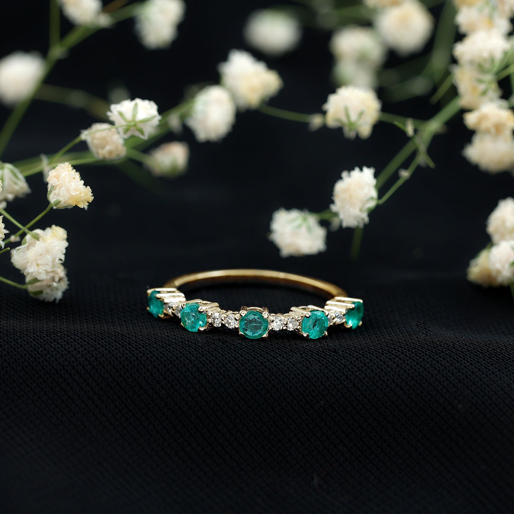 Emerald Half Eternity Ring – Diamond Wedding Band With Sparkling Accents