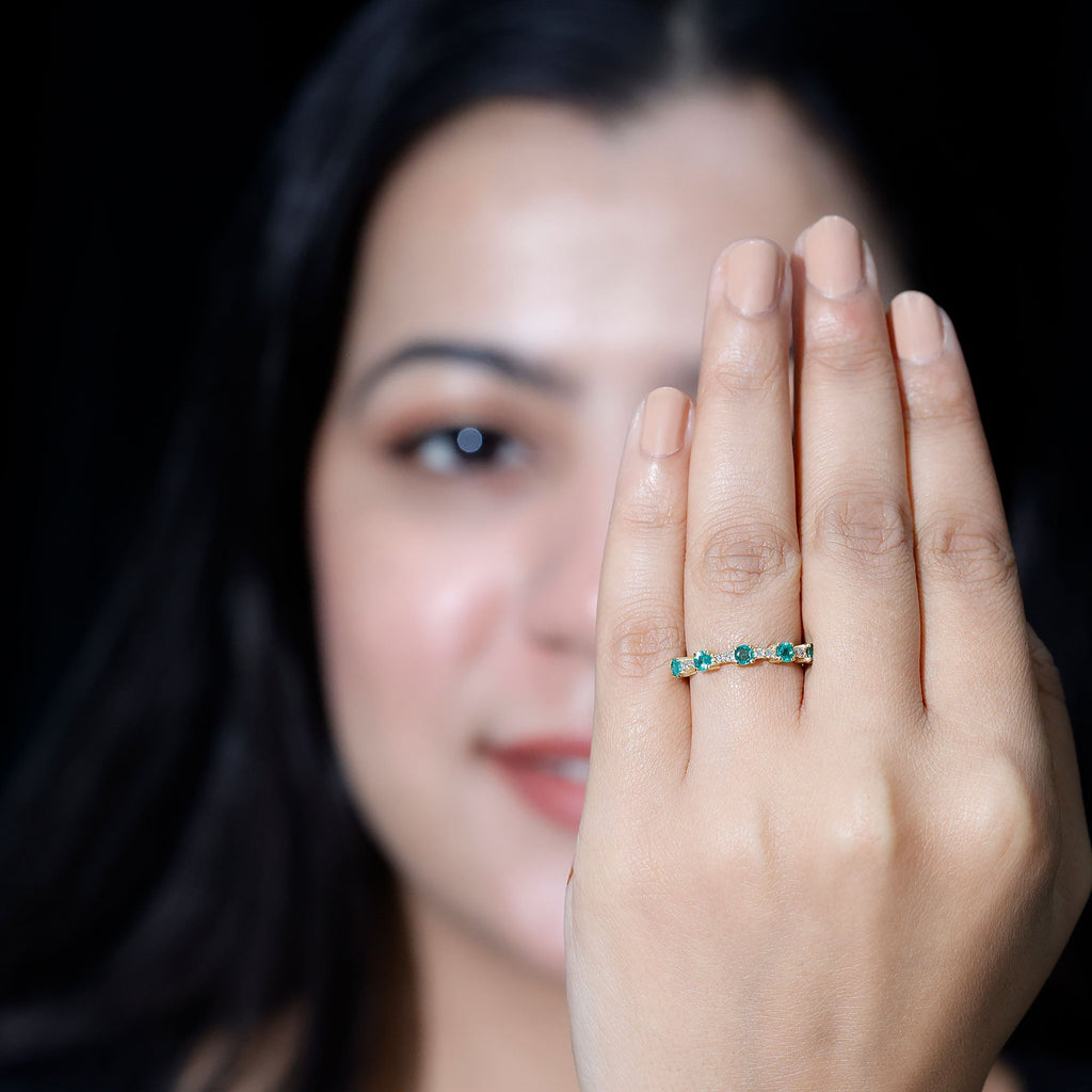 Emerald Half Eternity Ring – Diamond Wedding Band With Sparkling Accents