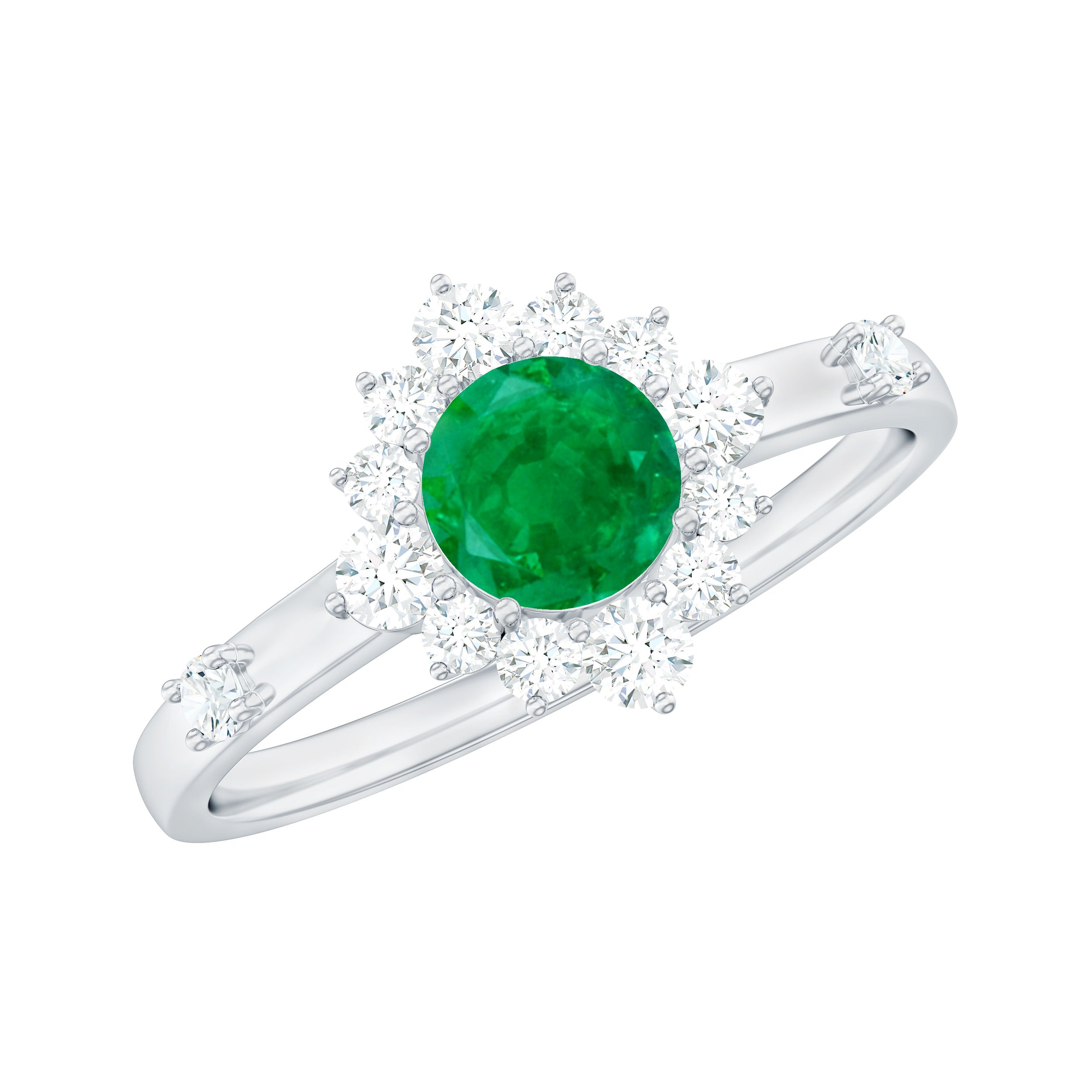 Emerald Promise Ring - 0.4 Carat Round Emerald with Diamond Halo, AAA Quality