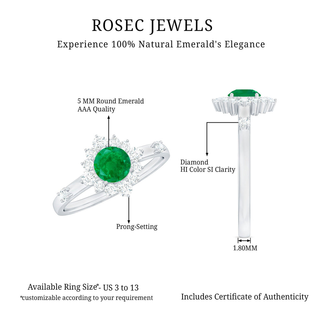 Emerald Promise Ring - 0.4 Carat Round Emerald with Diamond Halo, AAA Quality
