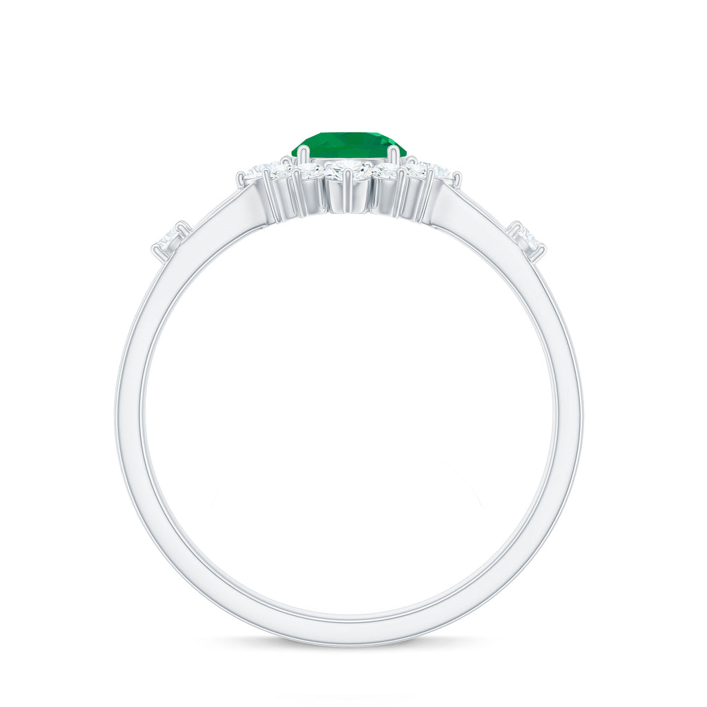 Emerald Promise Ring - 0.4 Carat Round Emerald with Diamond Halo, AAA Quality