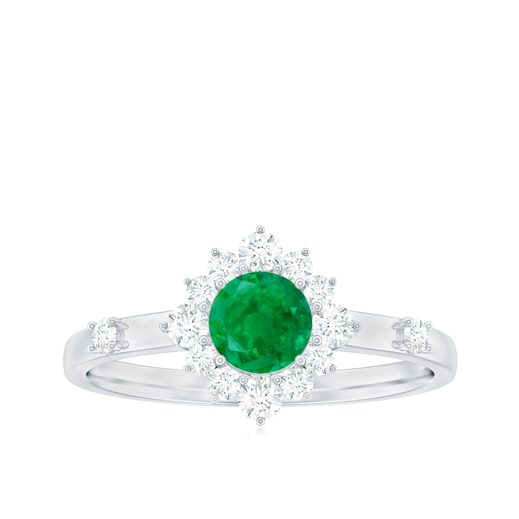 Emerald Promise Ring - 0.4 Carat Round Emerald with Diamond Halo, AAA Quality