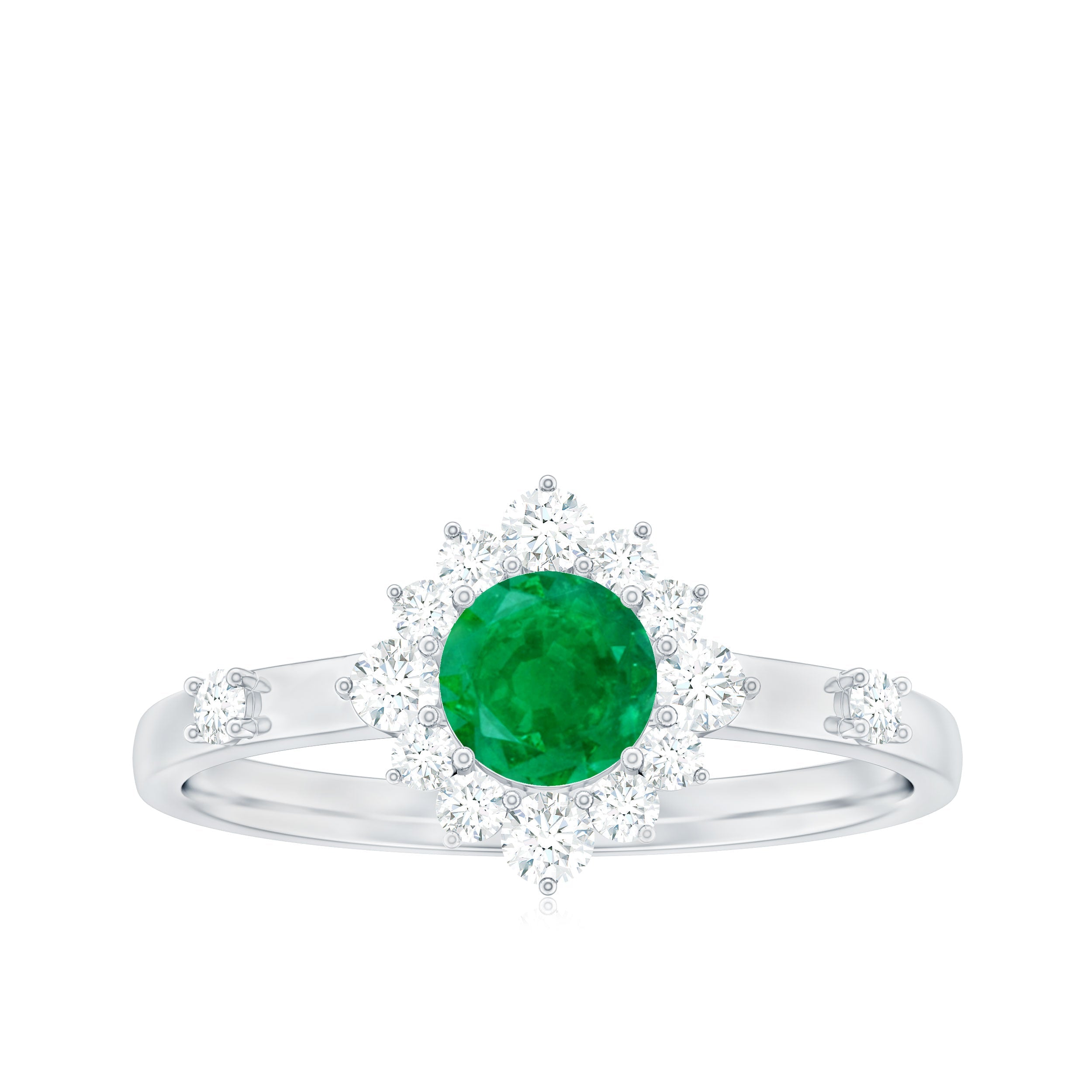 Emerald Promise Ring - 0.4 Carat Round Emerald with Diamond Halo, AAA Quality