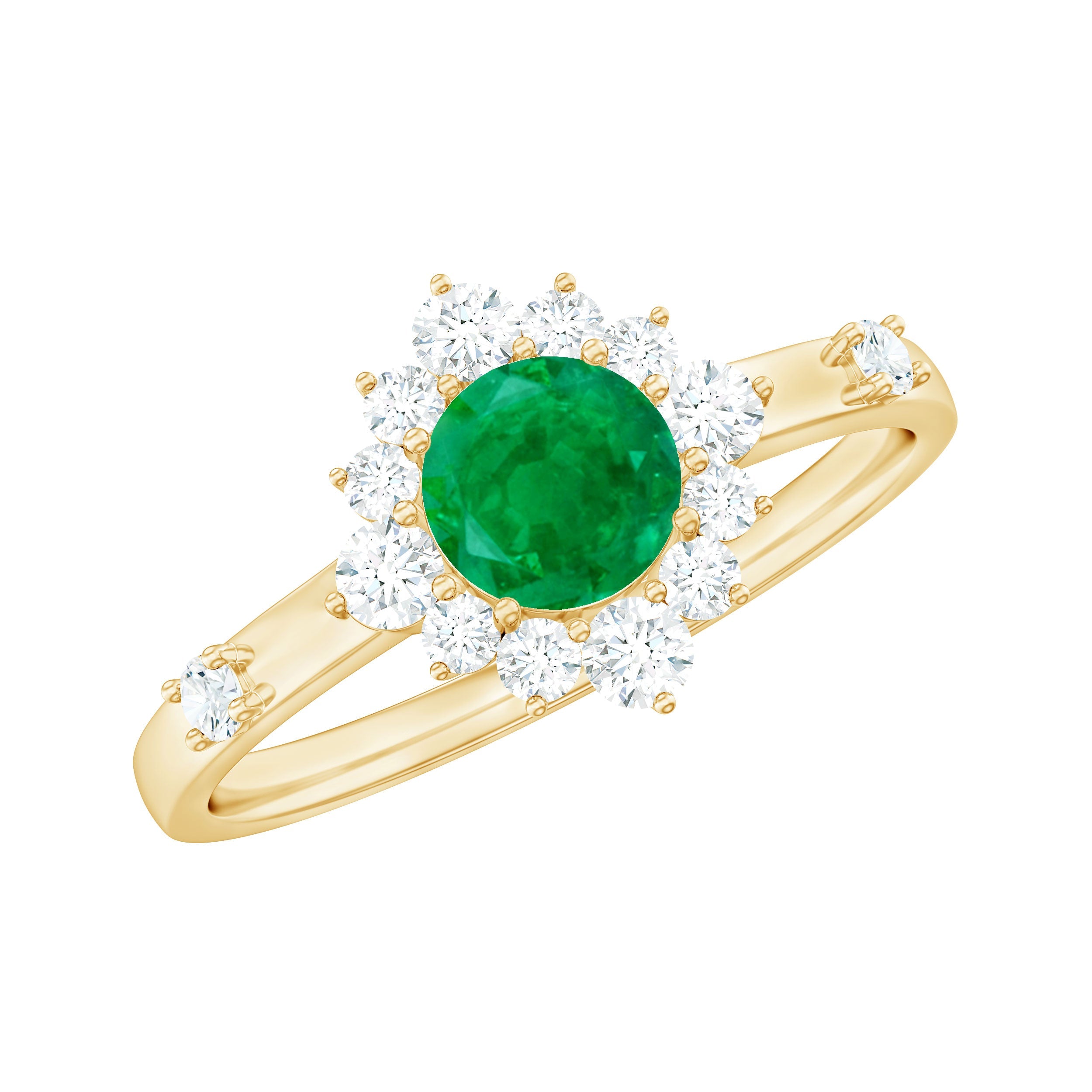 Emerald Promise Ring - 0.4 Carat Round Emerald with Diamond Halo, AAA Quality
