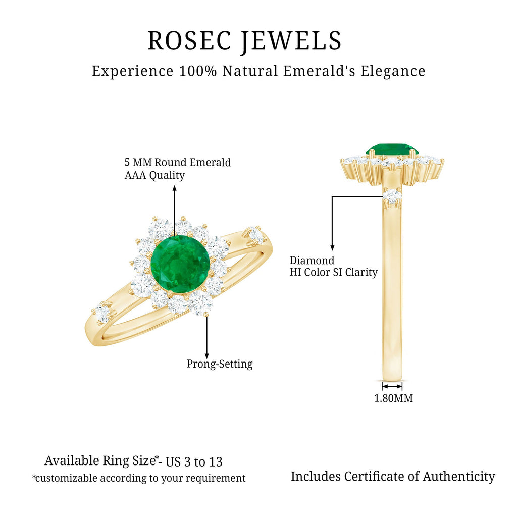 Emerald Promise Ring - 0.4 Carat Round Emerald with Diamond Halo, AAA Quality