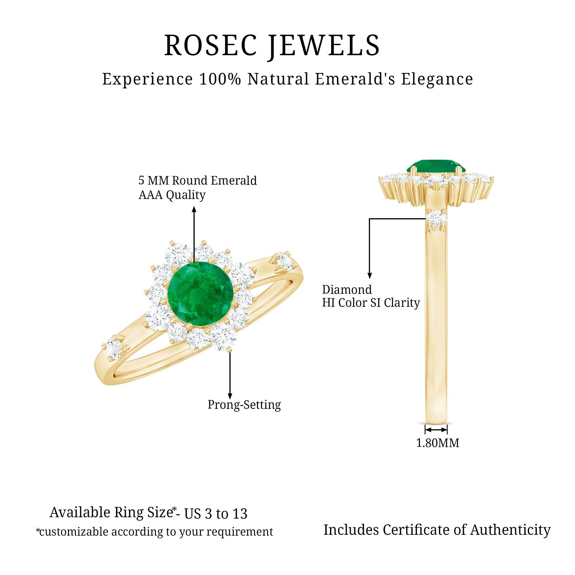 Emerald Promise Ring - 0.4 Carat Round Emerald with Diamond Halo, AAA Quality