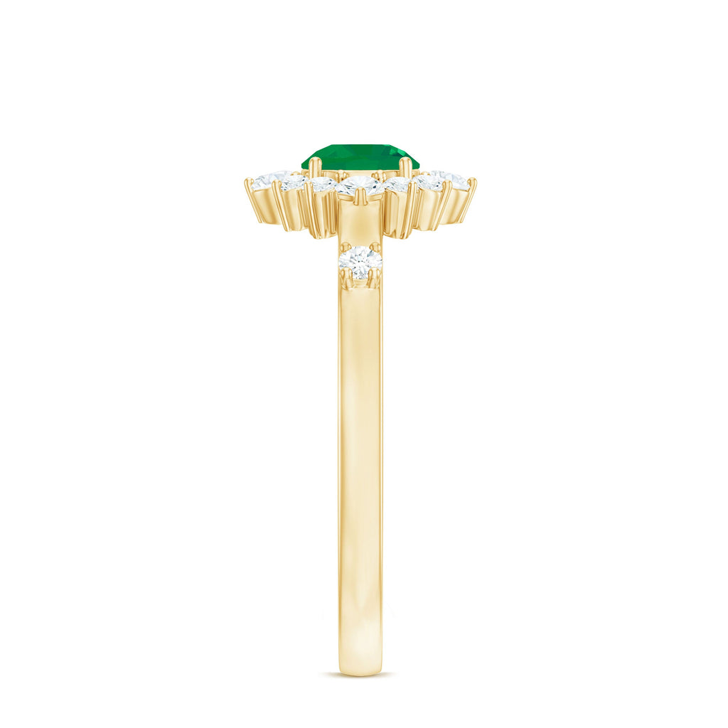 Emerald Promise Ring - 0.4 Carat Round Emerald with Diamond Halo, AAA Quality